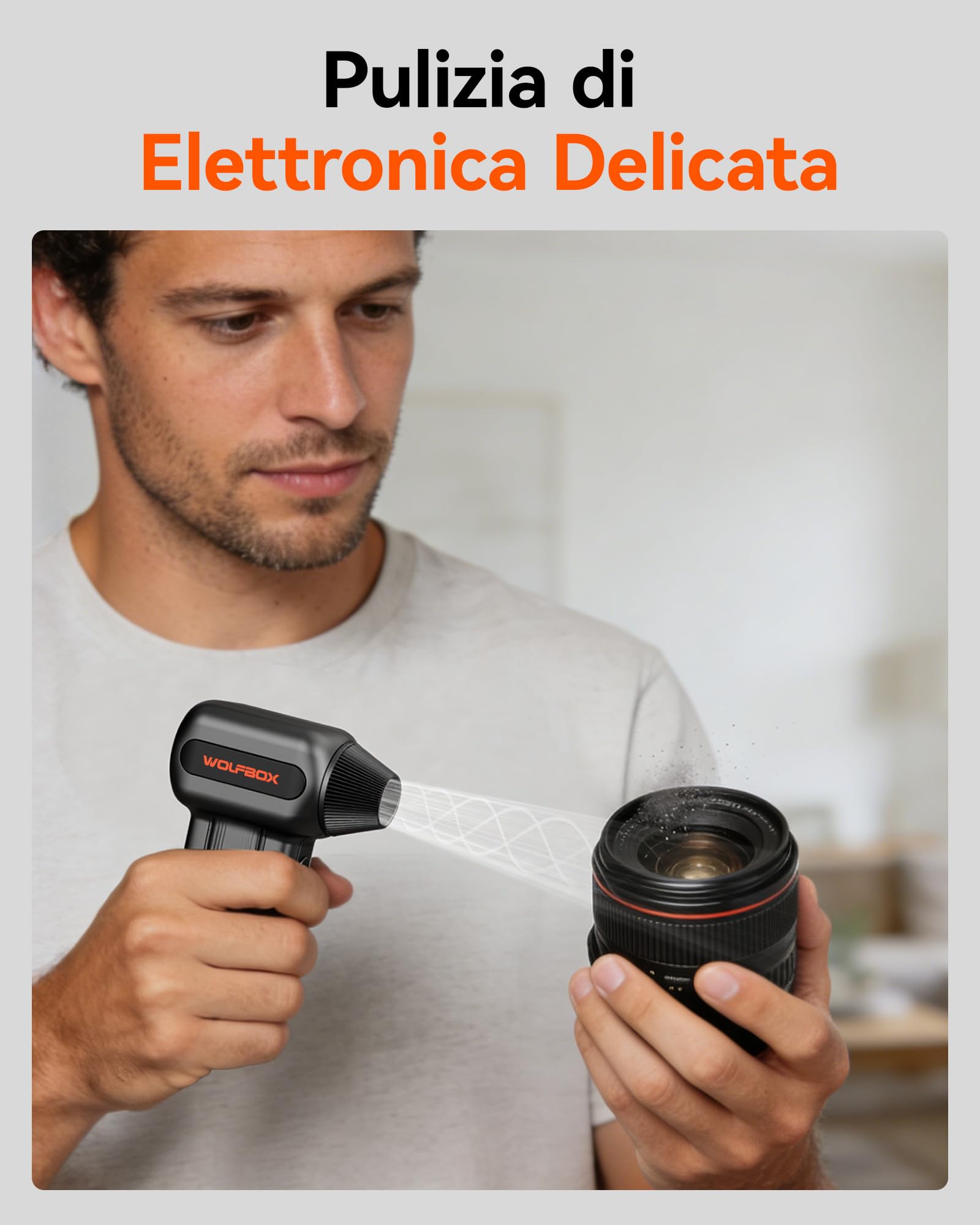 WOLFBOX MF60 Soffiatore a Batteria Potente 110000 RPM, Aria Compressa Elettrico Air Duster con 3 Velocità, Mini Soffiatore Portatile Ricaricabile per Pulizia PC, Tastiera, Auto, Casa, 5 Ugelli