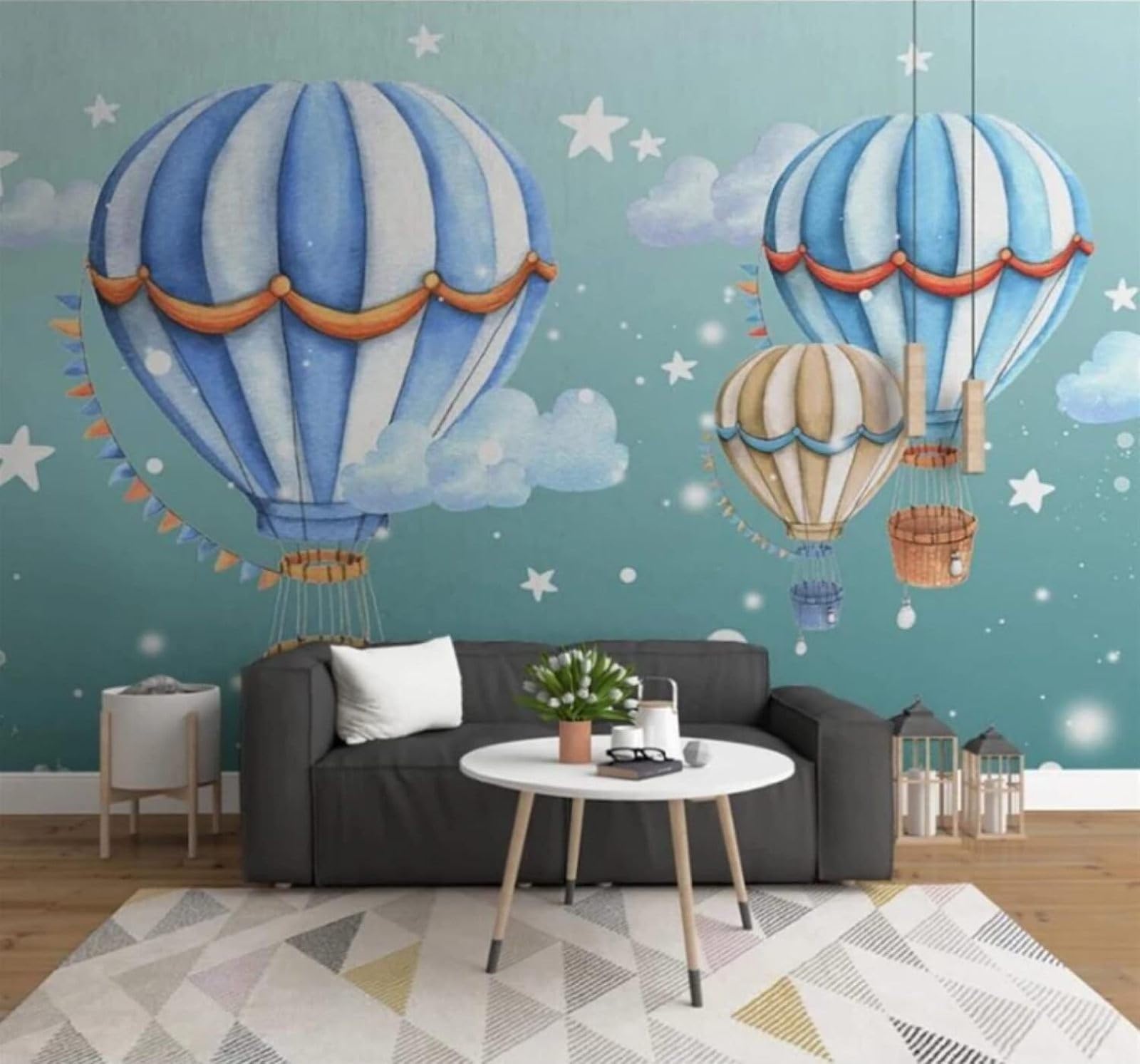 Xlming 300Cm×210Cm(B×H) Hand Drawn Cartoon Blue Starry Sky Hot Air Balloon 3D Wallpaper Luxury Silk Study Dining Feature Sofa Grey Bedroom Living Room Tv Decorative Wall-300Cm×210Cm