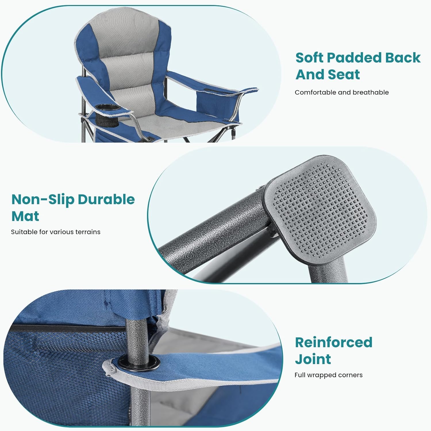 OLIXIS Folding Camping Chair, Portable Collapsible Chair with Cup Holder, Non-Slip Feet, Heavy Duty Lawn Chair for Hiking Beach Sports, Cooler Bag, Thicken 300D Oxford, 500 LBS, Blue