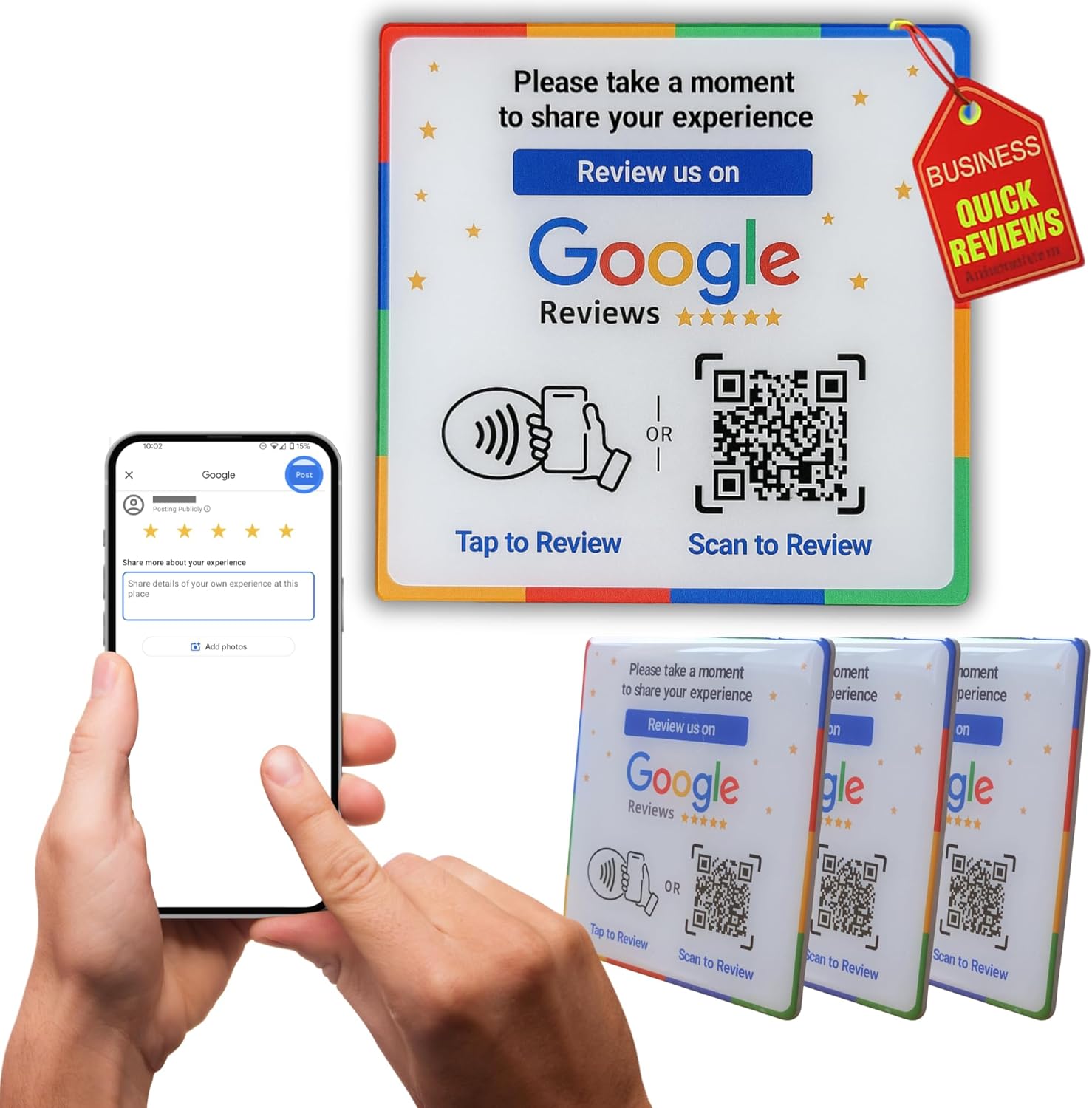 NFC Google Review Epoxy Plate - Boost Customer Reviews 300% with Tap & Scan QR - Contactless Feedback for Small Business - No Subscription (3.9" 3-Pack)