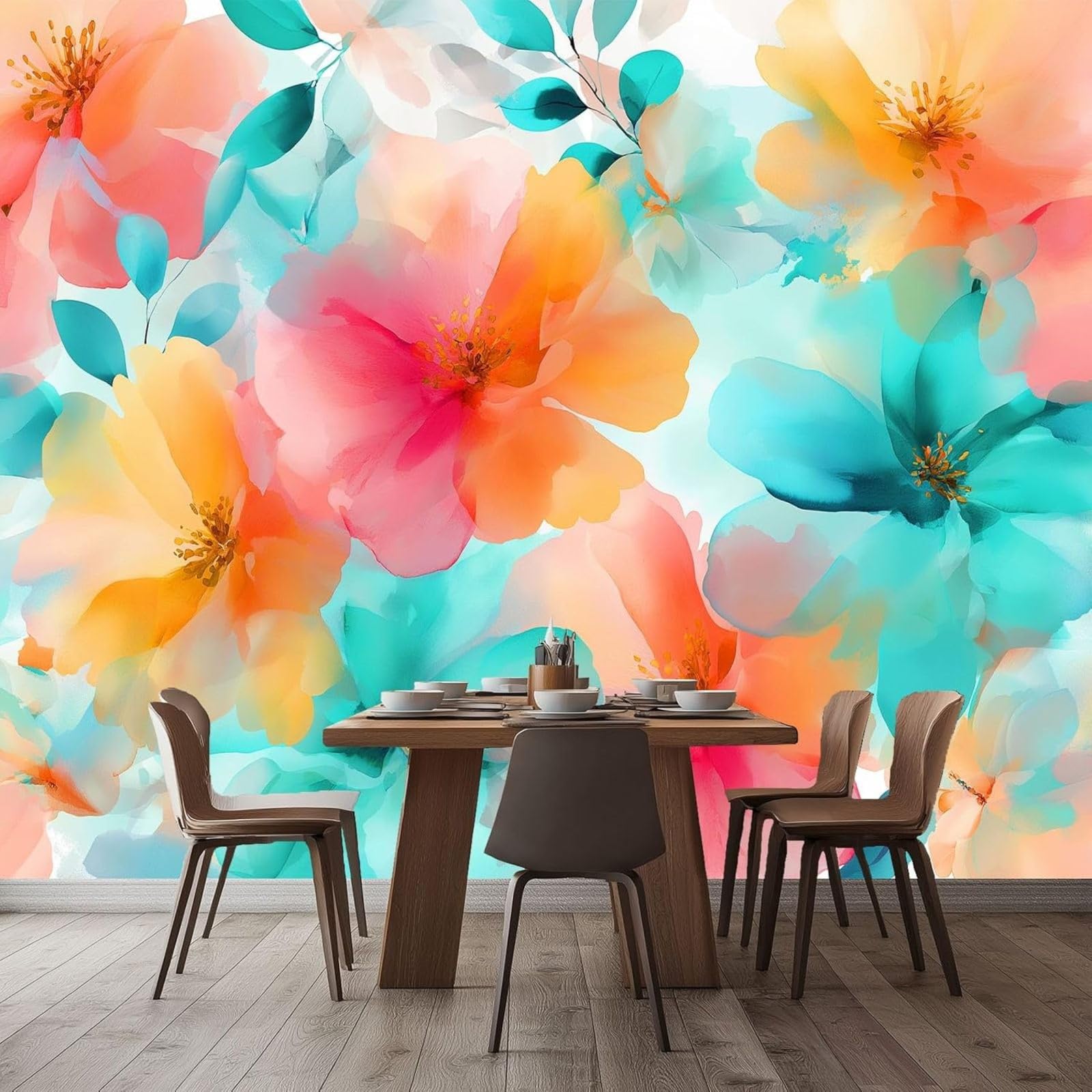 pdghsdkgjh Minimalist Non-Woven Wallpaper with Watercolor Flowers, Modern Wall Decoration for Living Room and Children's Room – Multicolor, 250cm x 175cm Stickers - Frameless Painting - Poster