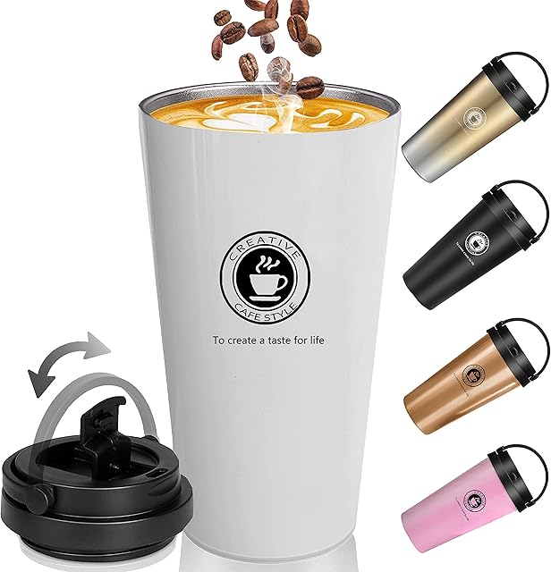 TOPAHGOD Travel Mug, Insulated Coffee Cup Reusable with Leakproof Lid & Handle, Double Wall Vacuum Stainless Steel Car Coffee Mug for Hot and Cold Water Coffee and Tea, 500ml/17oz (White)