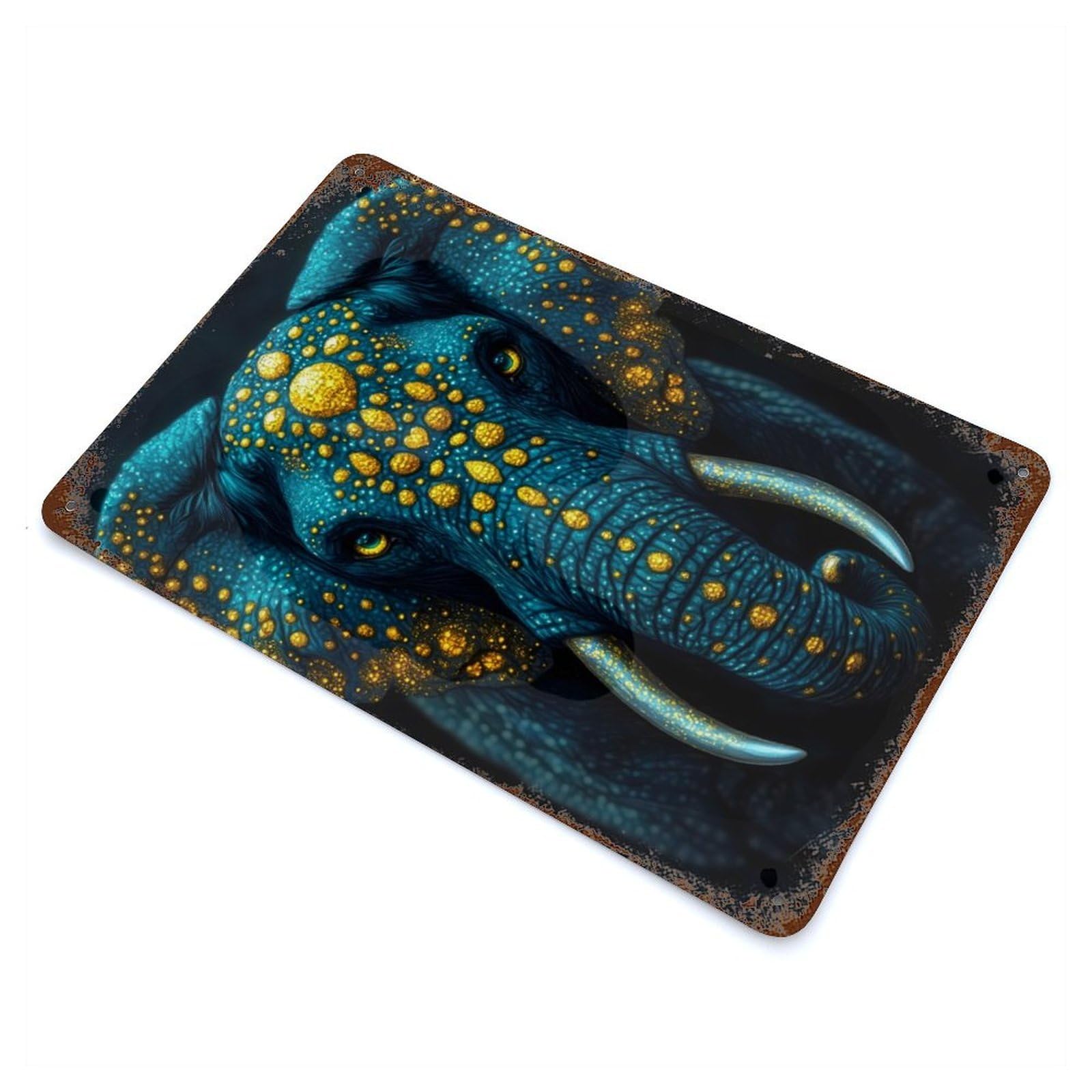 Blue And Gold Elephant Vintage Wall Sign 11.8"x7.9", Rust Effect Metal Decor for Cafe, Home Bar And Lounge Decor