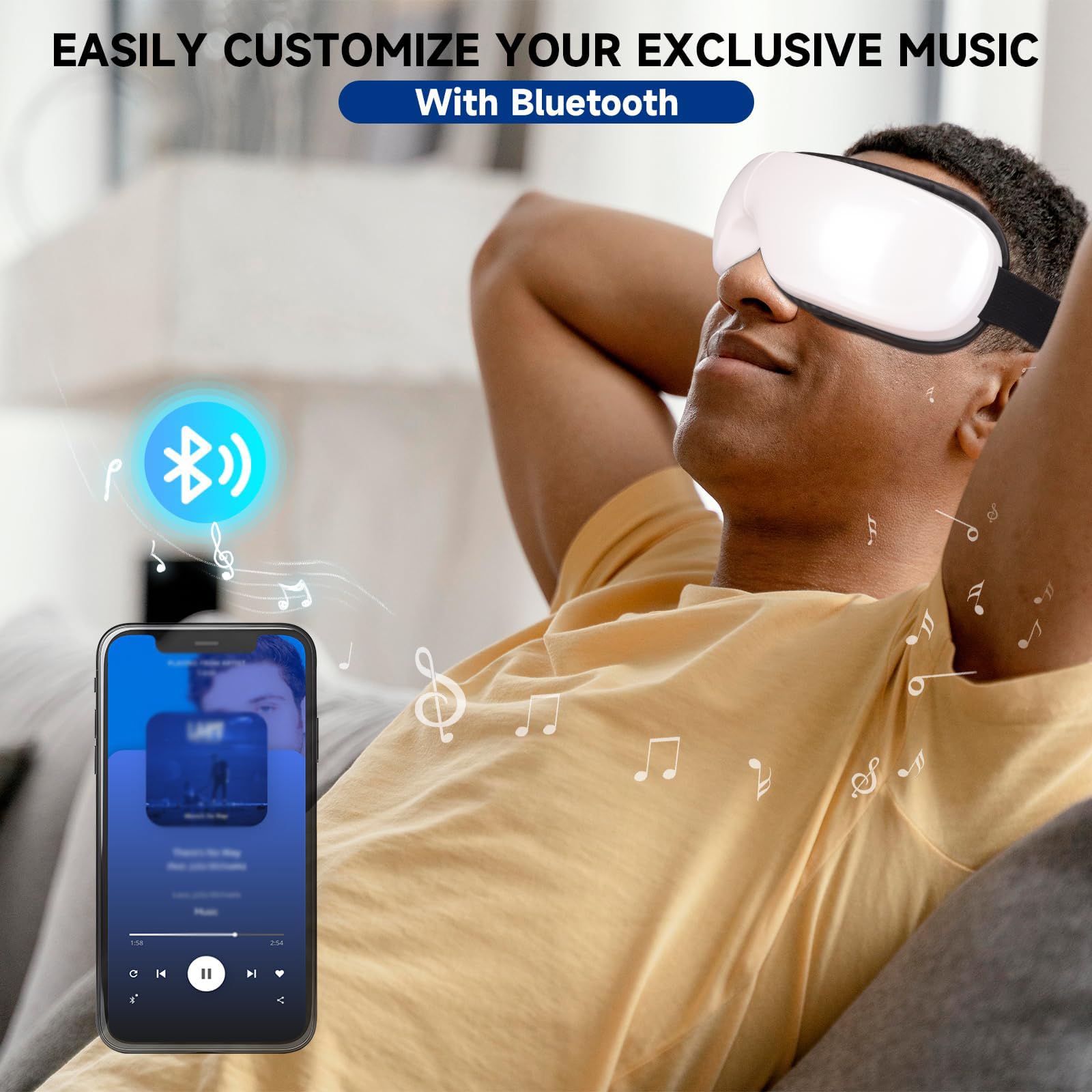 Masajeador de Ojos con Calor, Música Bluetooth, 5 Modos de Masaje y Diseño Plegable de 180°, Alivia el Dolor Ocular, Mejora la Sequedad Ocular y el Sueño