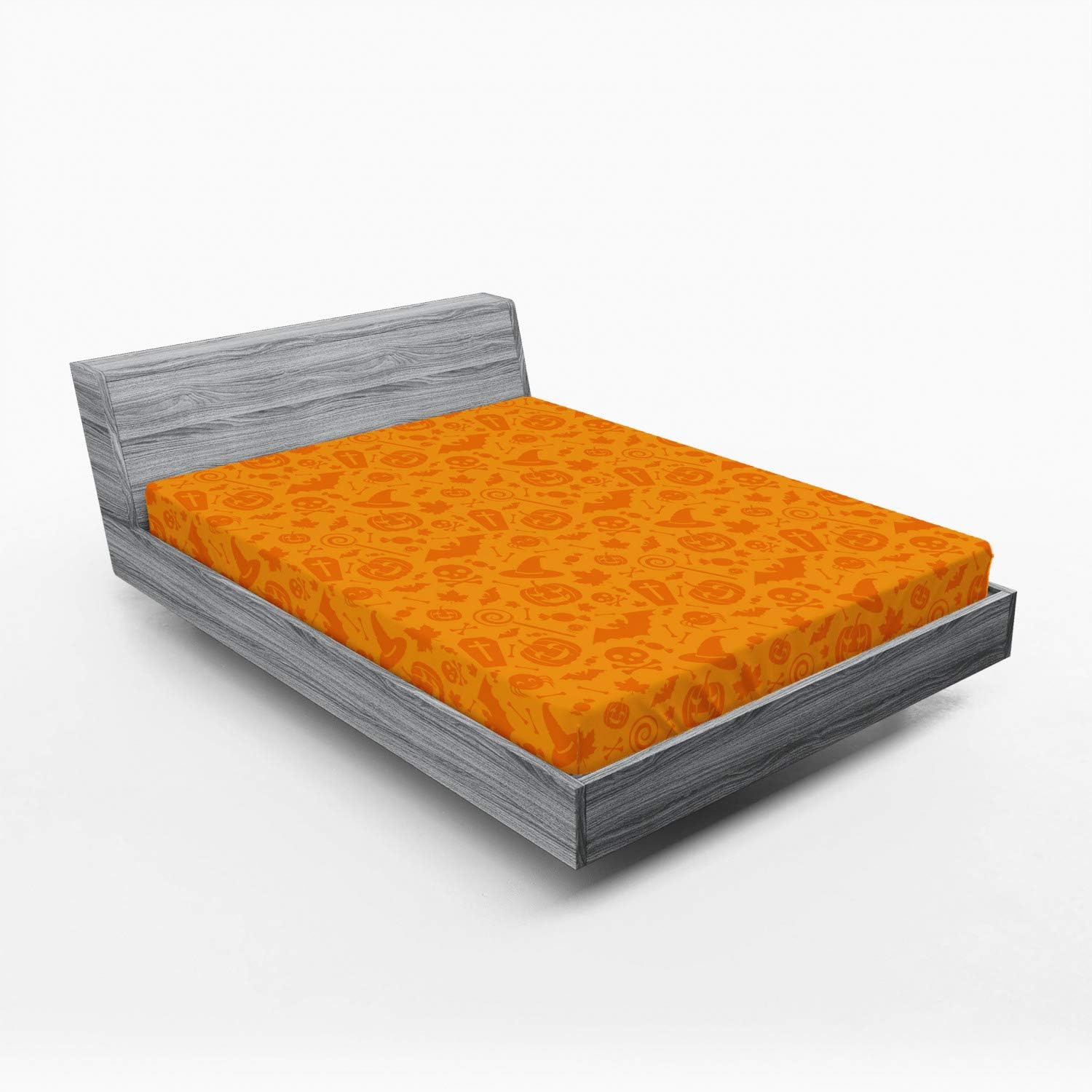 Ambesonne Halloween Fitted Sheet, Monochrome Design Traditional October Themed Various Objects Pumpkin Bat Print, Soft Decorative Fabric Bedding All-Round Elastic Pocket, Queen Size, Orange