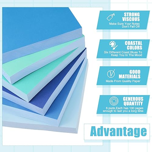 Miniatura 3 de Notas adhesivas azules de 3 x 3 pulgadas, colores costeros, autoadhesivas, bloc de notas de color azul, fáciles de publicar para el hogar, oficina,