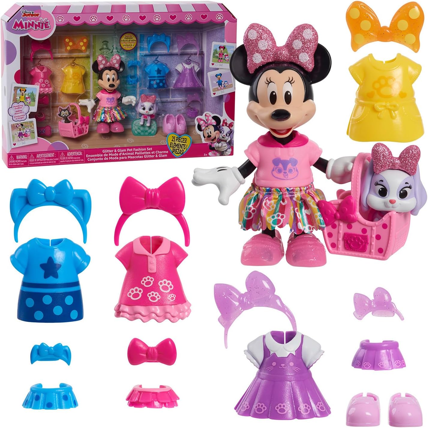 Disney Junior Minnie Mouse Glitter and Glam Pet Fashion Set, 23-piece Doll and Accessories, Kids Toys for Ages 3 Up by Just Play