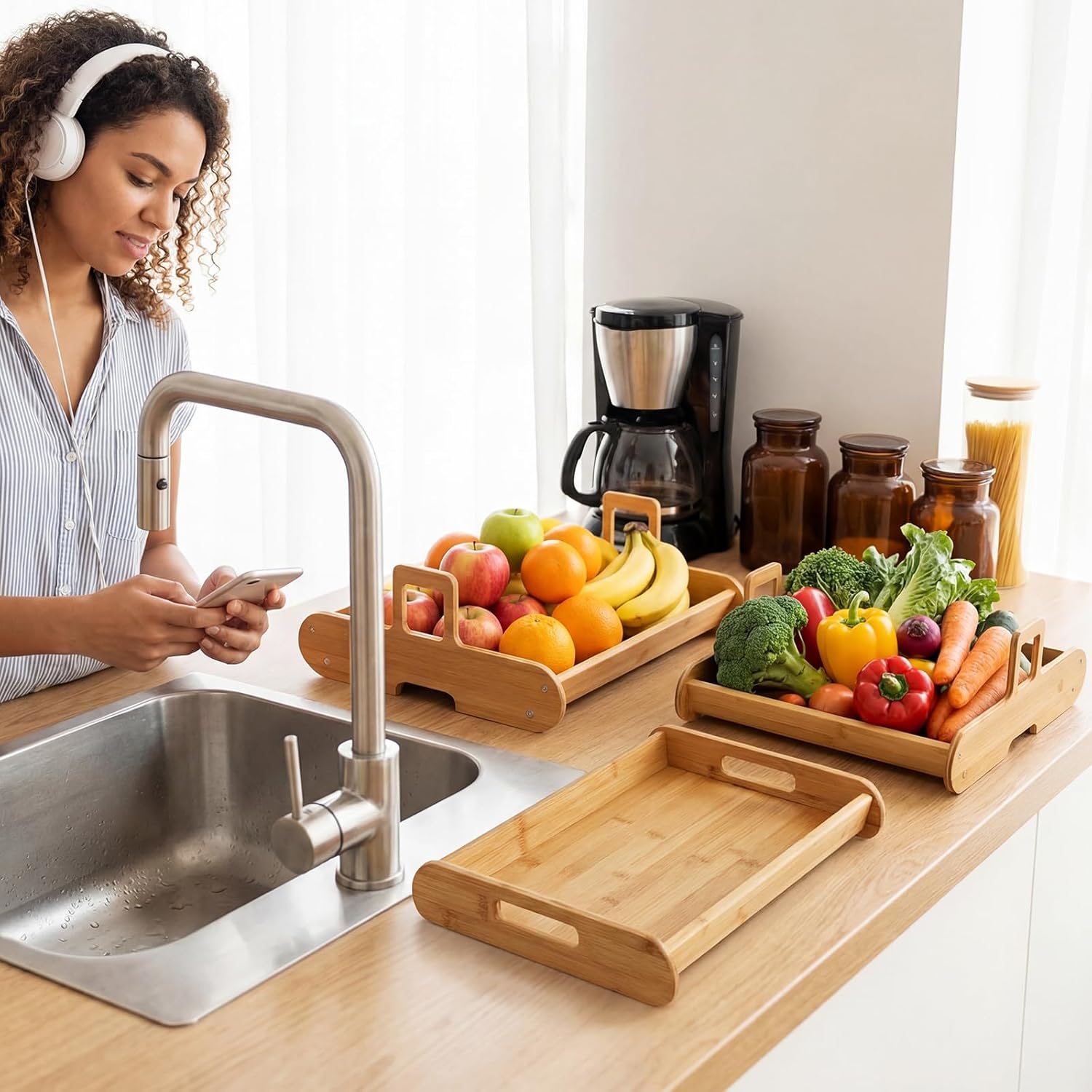 3 Tier Fruit Basket for Kitchen Counter, 16.5 inch Stackable Bamboo Fruit Bowl with Banana Hangers Holder Vegetable Storage for Onion Potato Vegetable Bread Snack Large Kitchen Organizer - Image 5