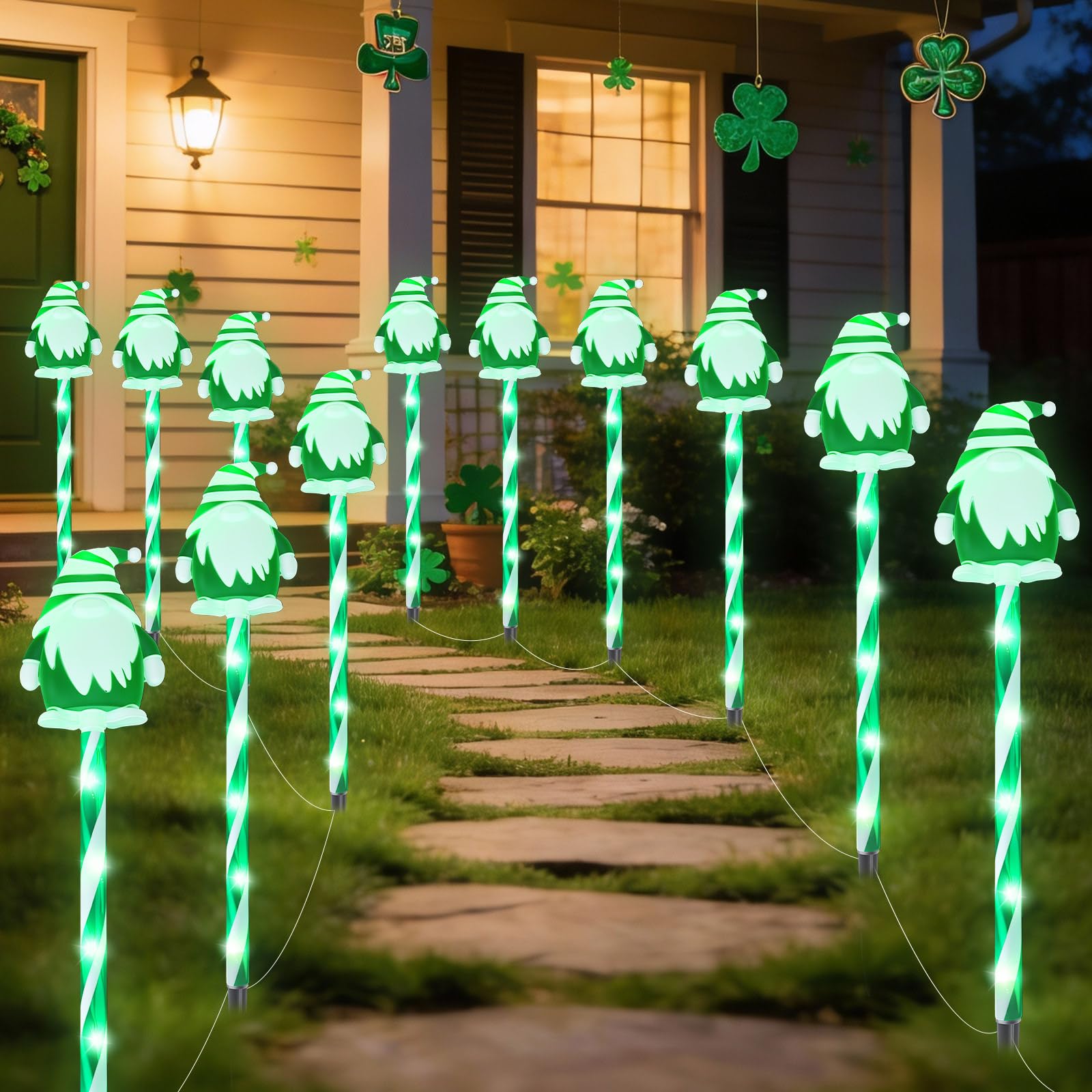 MaxAwe 12 Packs Lovely Elf Pathway Lights Outdoor Decorations for St. Patricks Day, Green Lucky Gnome w/ 8 Modes Lighting Auto ON/Off Waterproof Stake Lights for Festive Outside Garden, Yard Decor