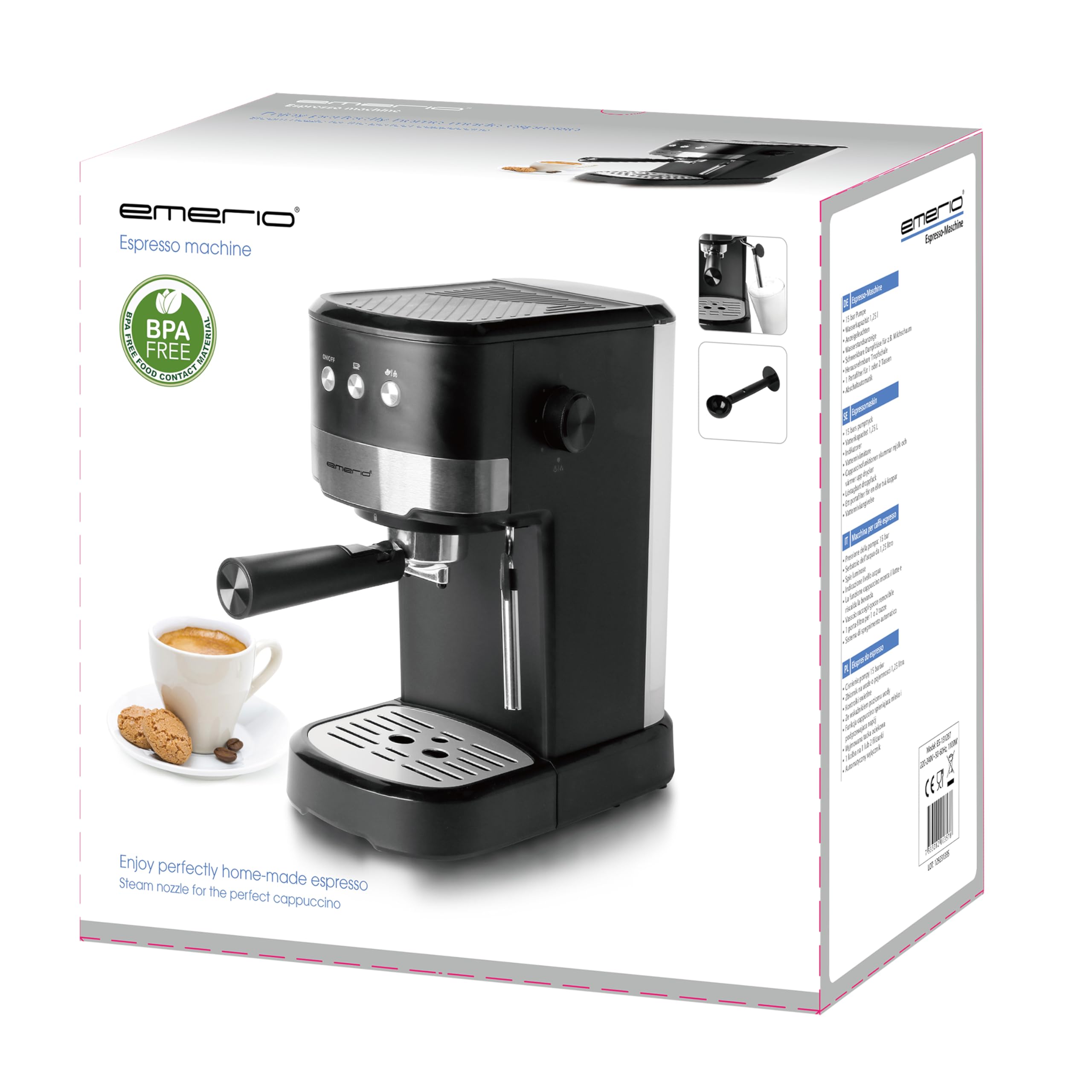 Emerio Espressomaschine STYLE | Siebträger | 15 bar für perfekte Crema | schwenkbare Milchaufschäumer-Düse | 1,25L Wassertank (abnehmbar) | BPA frei | 2in1 Löffel & Bumper | 1100W | ES-131287