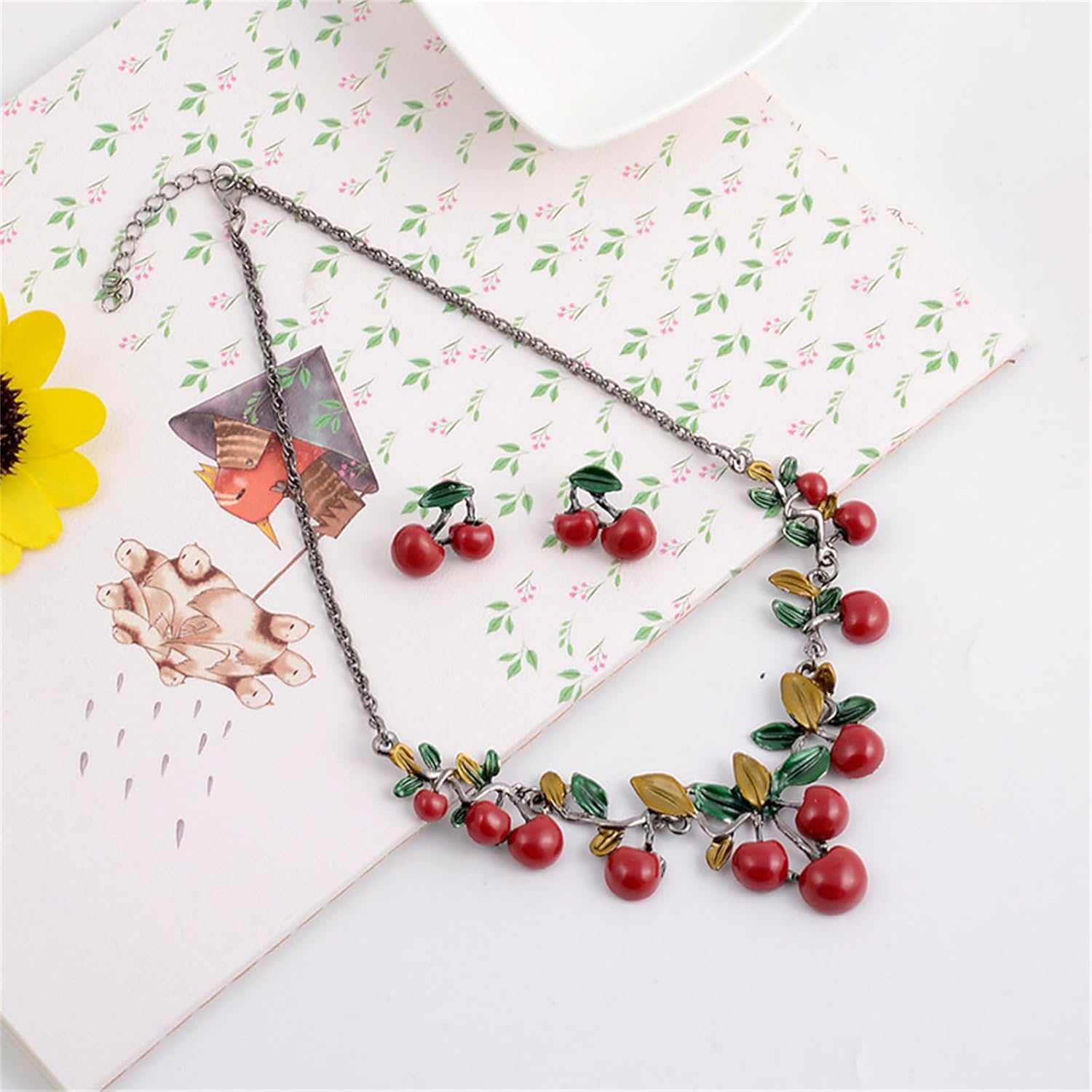 Red Cherry Earrings Necklace Set for Women Dainty Green Leaf Pendant Necklace Charm Fruit Stud Earrings Charm Dinner Dress Bride Aesthetic Jewelry Set - Image 6