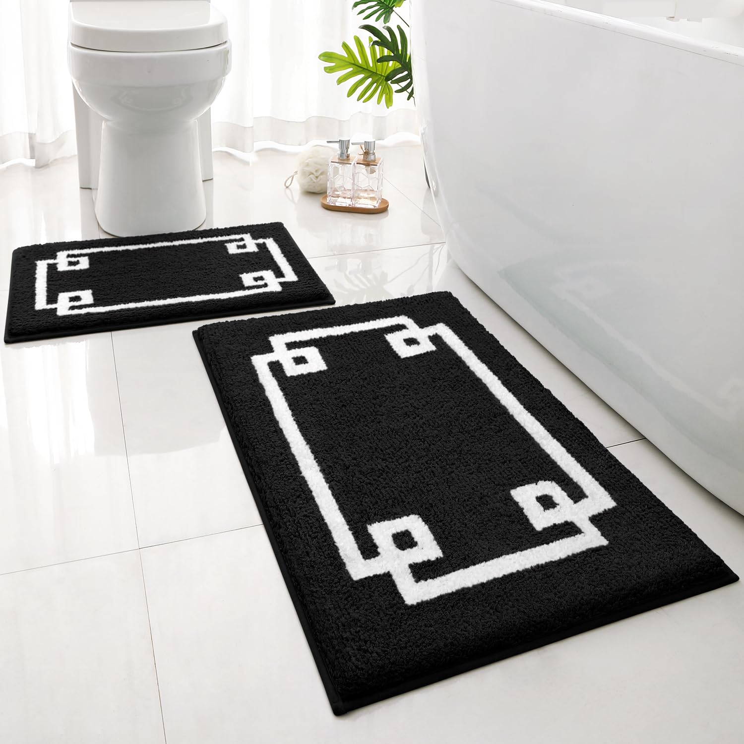 HOMEIDEAS Bathroom Rugs Sets 2 Piece, Soft and Water Absorbent Microfiber Carpet, Non-Slip Washable Bath Mats (20"x32"+16"x24", Black and White)