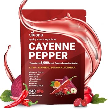 Cayenne Pepper Softgels Supplement, Supports Leg Vein, Heart and Blood Vessel Health, with Vitamin E D3+K2 and Extracts of Grape Seed, Hawthorn, Beetroot, Berberine and Others Softgels / 1 Bag