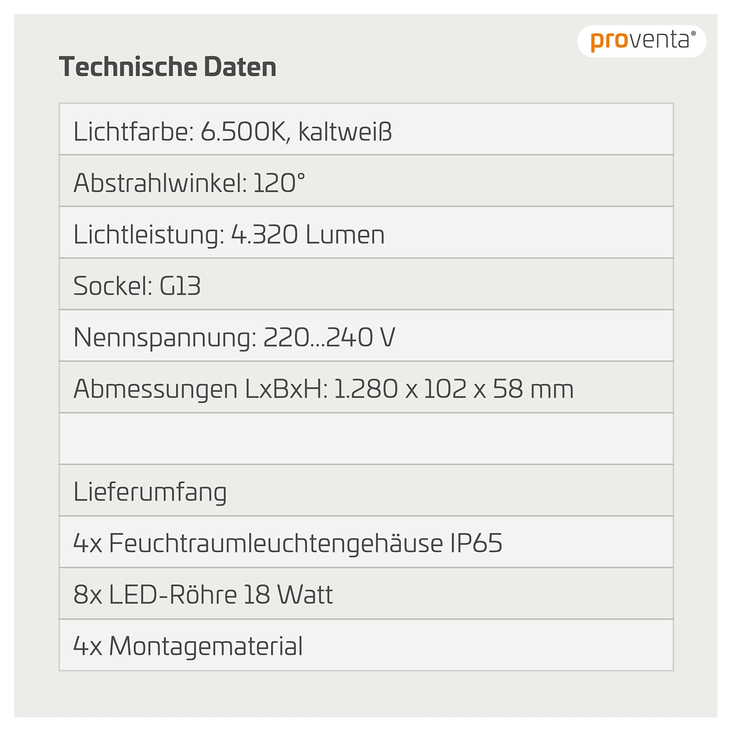 Proventa LED-Feuchtraumleuchte 120cm 36W 2x Röhre G13 kaltweiss - 4x Sparpack