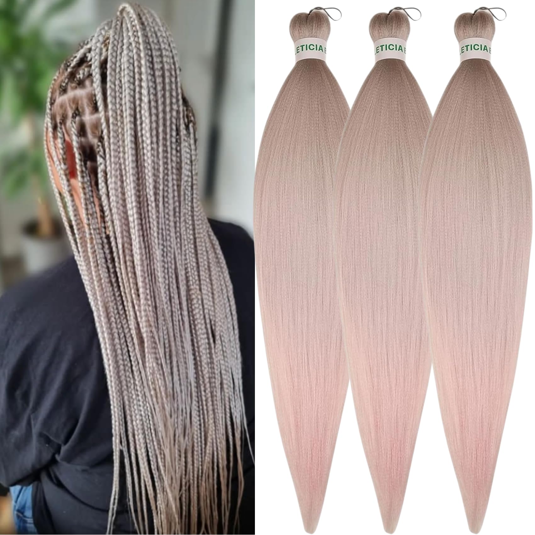 LeticiaAsh Grey Pink Braiding Hair Pre stretched Braiding Hair Extensions