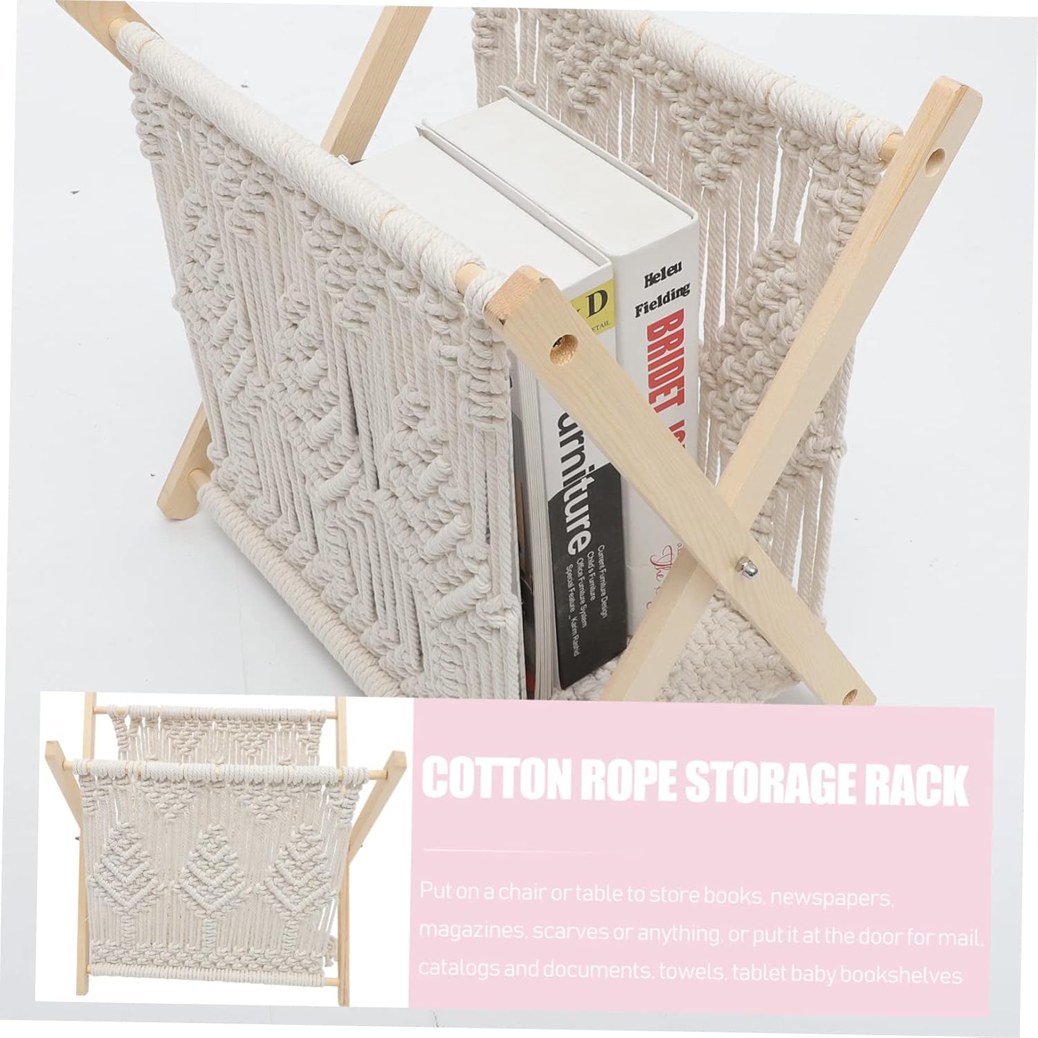 1Pc Hand Woven Rope Magazine Rack Storage Stand for Books Newspapers Documents Bohemian Decor for Home Office Organization