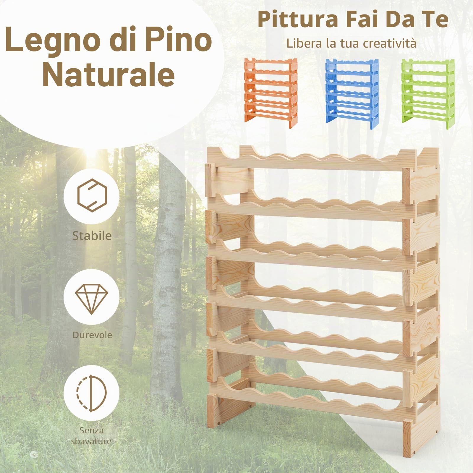 GIANTEX Scaffale Porta Bottiglie di Vino Fino a 36 Bottiglie, Cantinetta in Legno di Pino, 6 Ripiani, 63 x 28 x 85 cm, Naturale (36 Bottiglie)