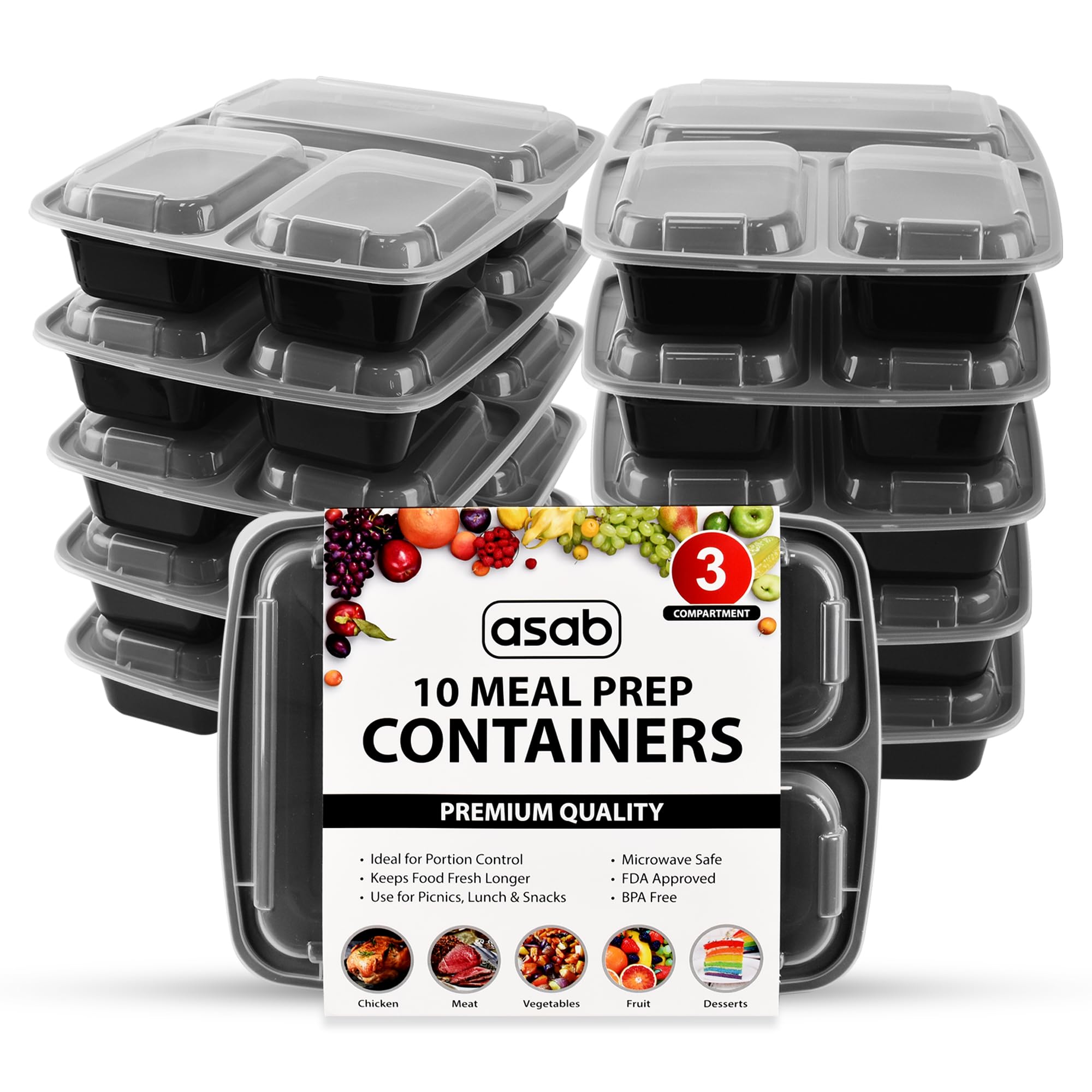 Asab Black 10 Meal Prep Containers - Bpa Free Plastic - Microwave, Freezer And Dishwasher Safe - Reusable Takeaway Food Storage Boxes With Lids - 3 Compartments