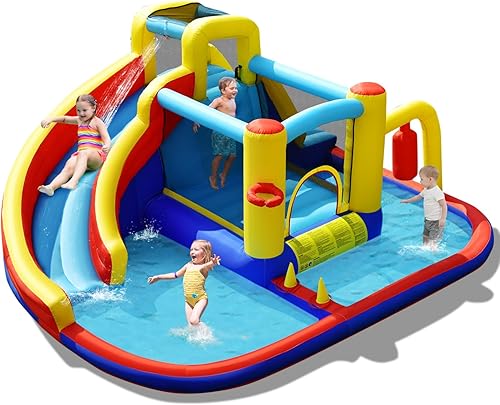 BOUNTECH Castillo inflable para tobogán acuático, castillo de salto de parque acuático 6 en 1 para niños con 2 piscinas de salpicaduras, anillo de