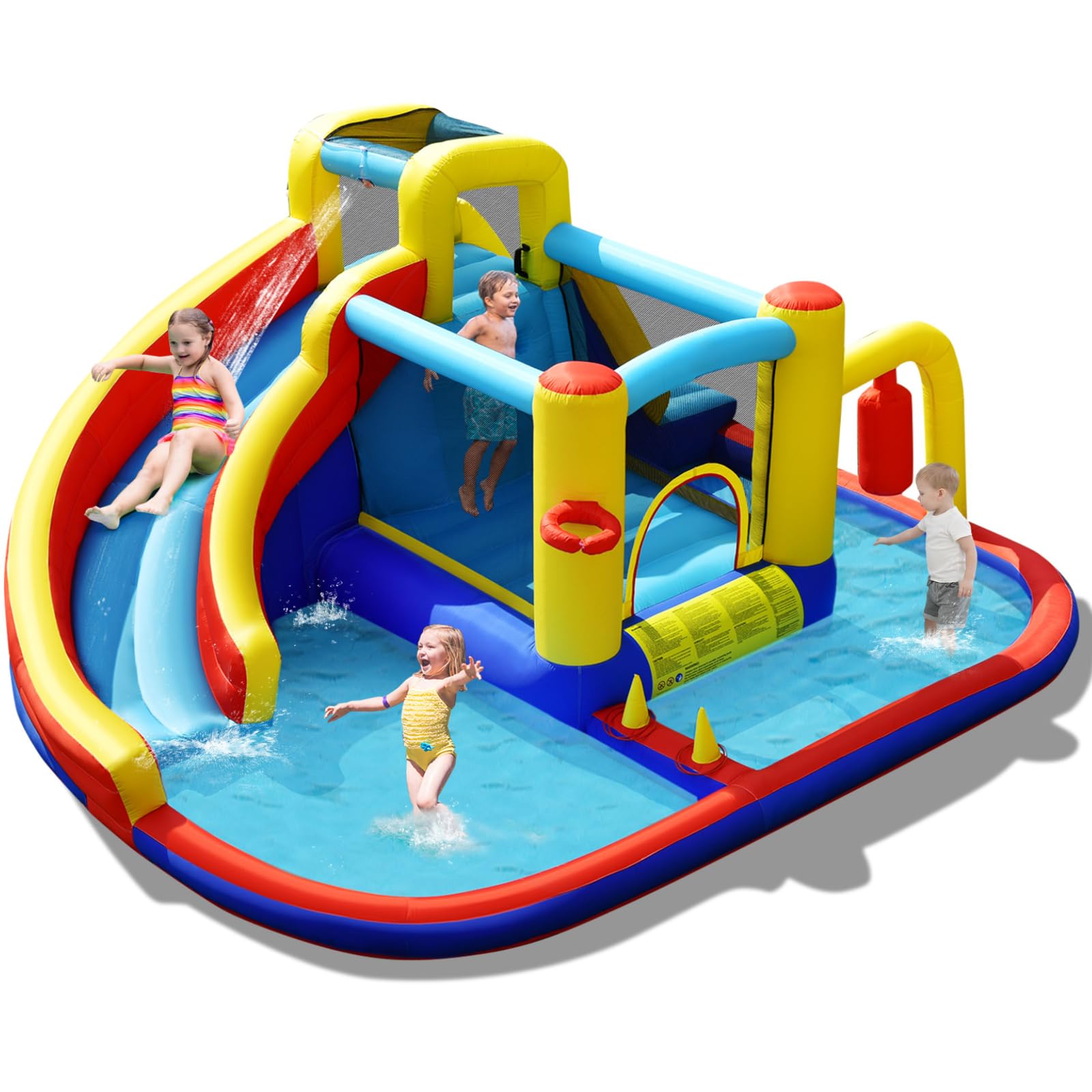 BOUNTECH Inflatable Water Slide Bounce House, 6-in-1 Kids Water Park Jump Castle w/2 Splash Pools, Ring-toss, Water Slides Inflatables for Kids, Water Bounce House for Outdoor Backyard Party Gifts
