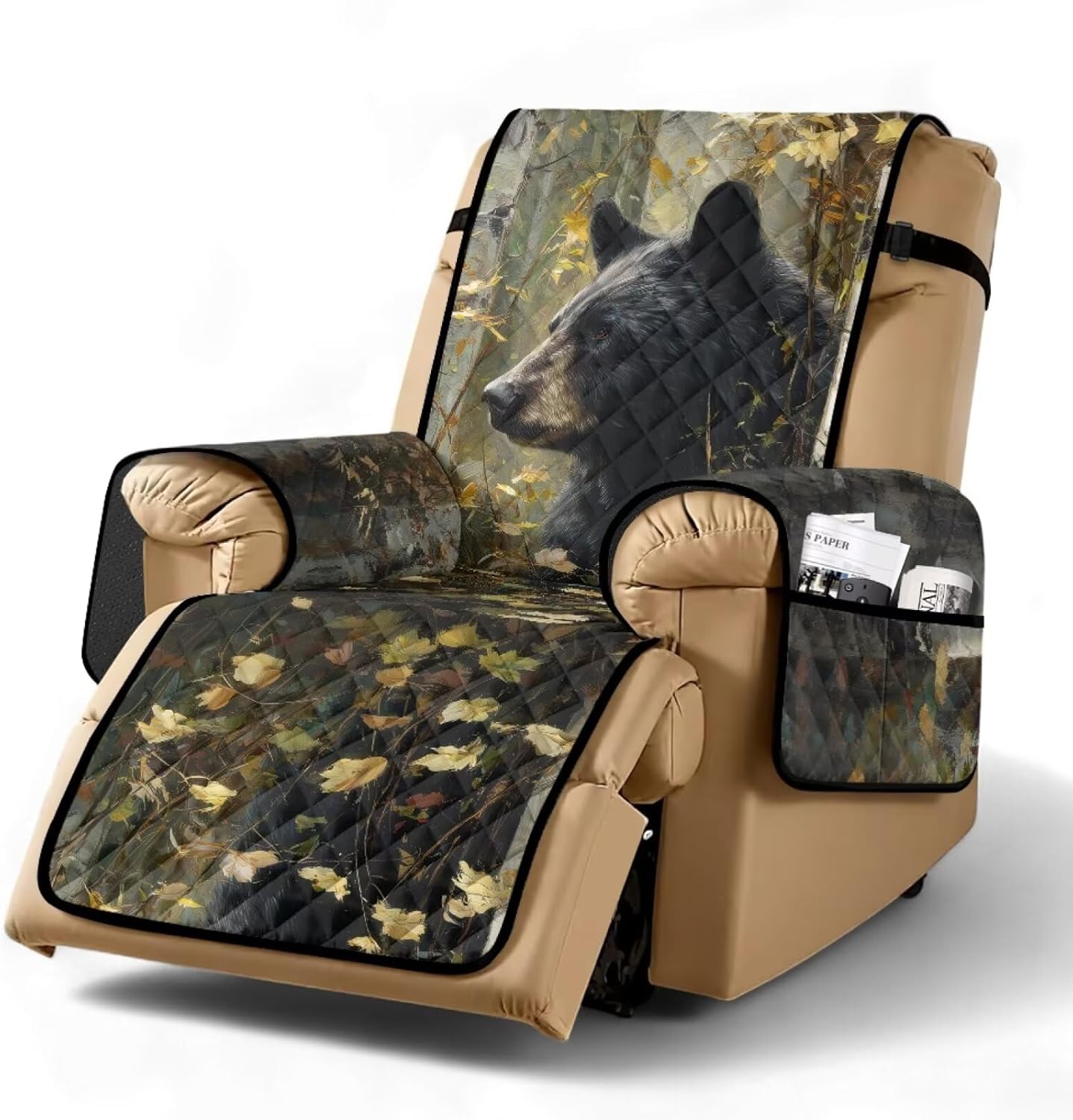 Bear Camo Hunting Print Non Slip Recliner Slipcovers, Washable Lazyboy Recliner Chair Cover for Pet Living Room, Stay in Place Fitted Reclining Slipcover Soft with Elastic