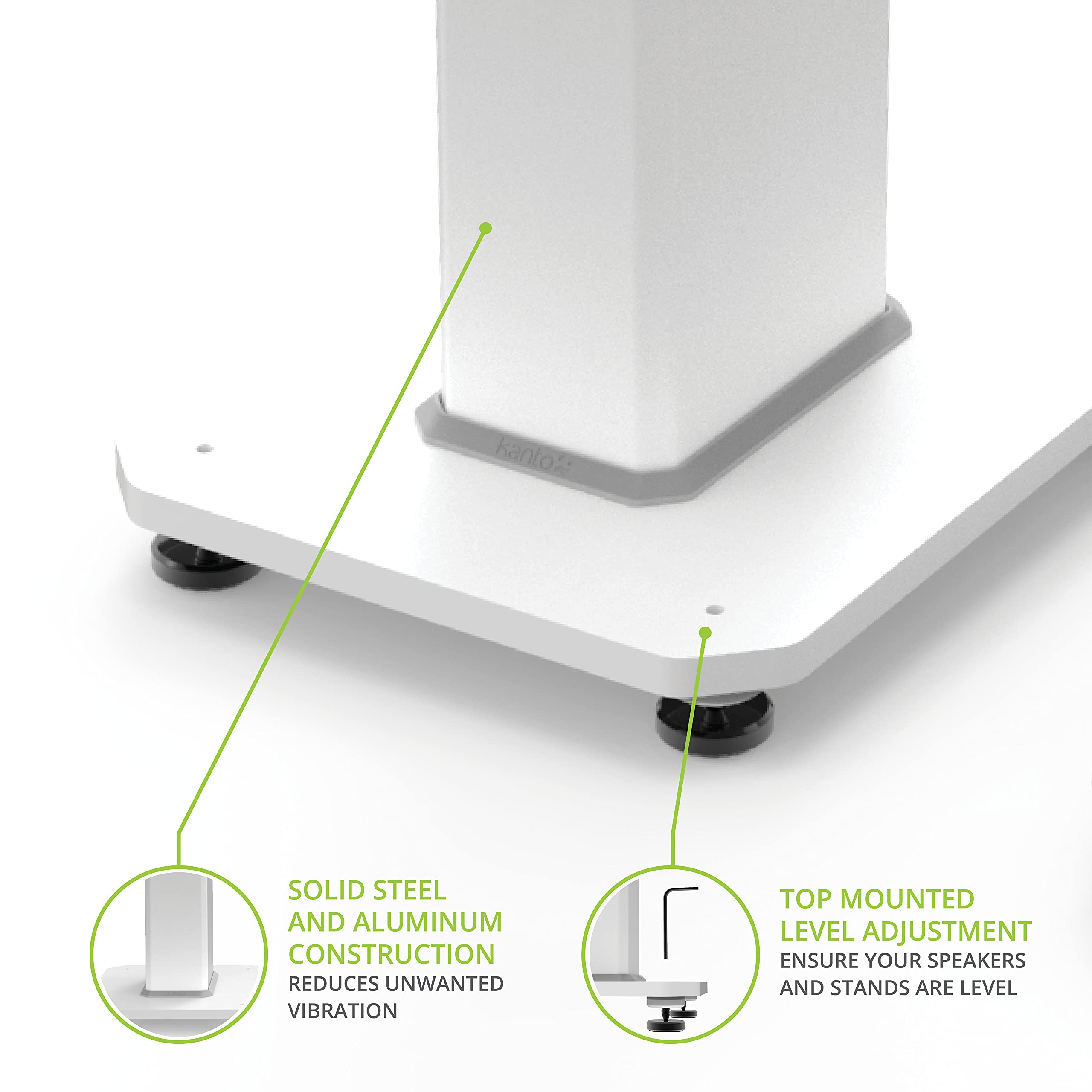 Kanto SX22W - Soportes de pie universales rellenables para altavoces de estantería | 22 pulgadas de alto | Pies de aislamiento ajustables | Canal de cable dedicado | Placa superior de dos tamaños |