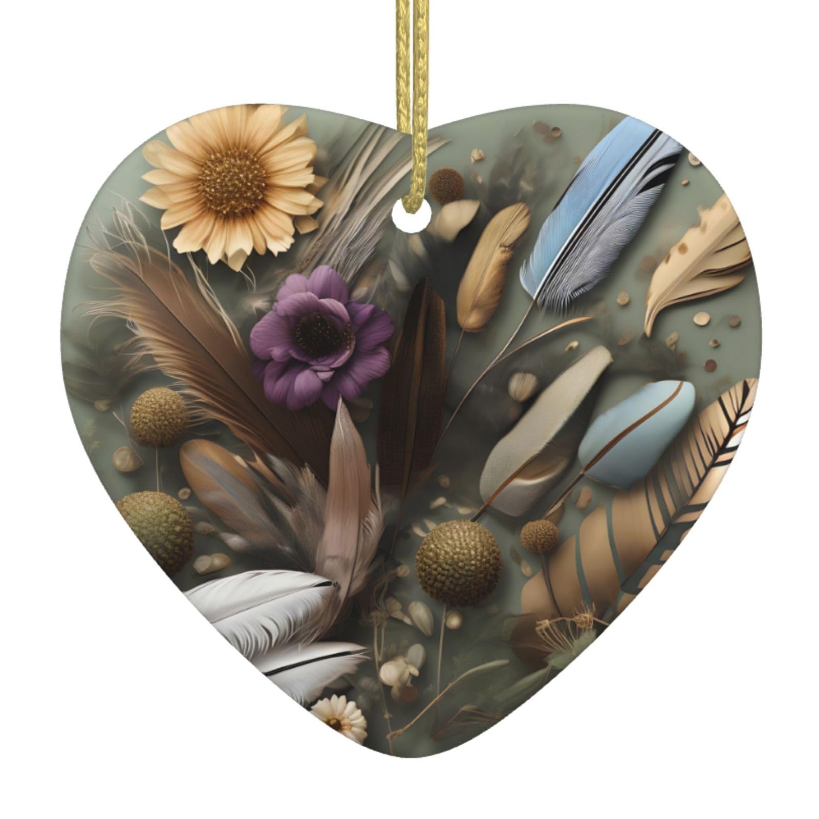 Feather Flower Ceramic Christmas Heart Pendant with Silk Thread, Christmas Tree Home Decoration