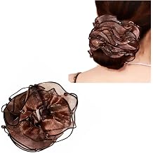 Hair Scrunchie, Black and Blue Ombre, Organza Fabric, Floral Ruffle Design with Rhinestone Embellishments 1, khaki, Large