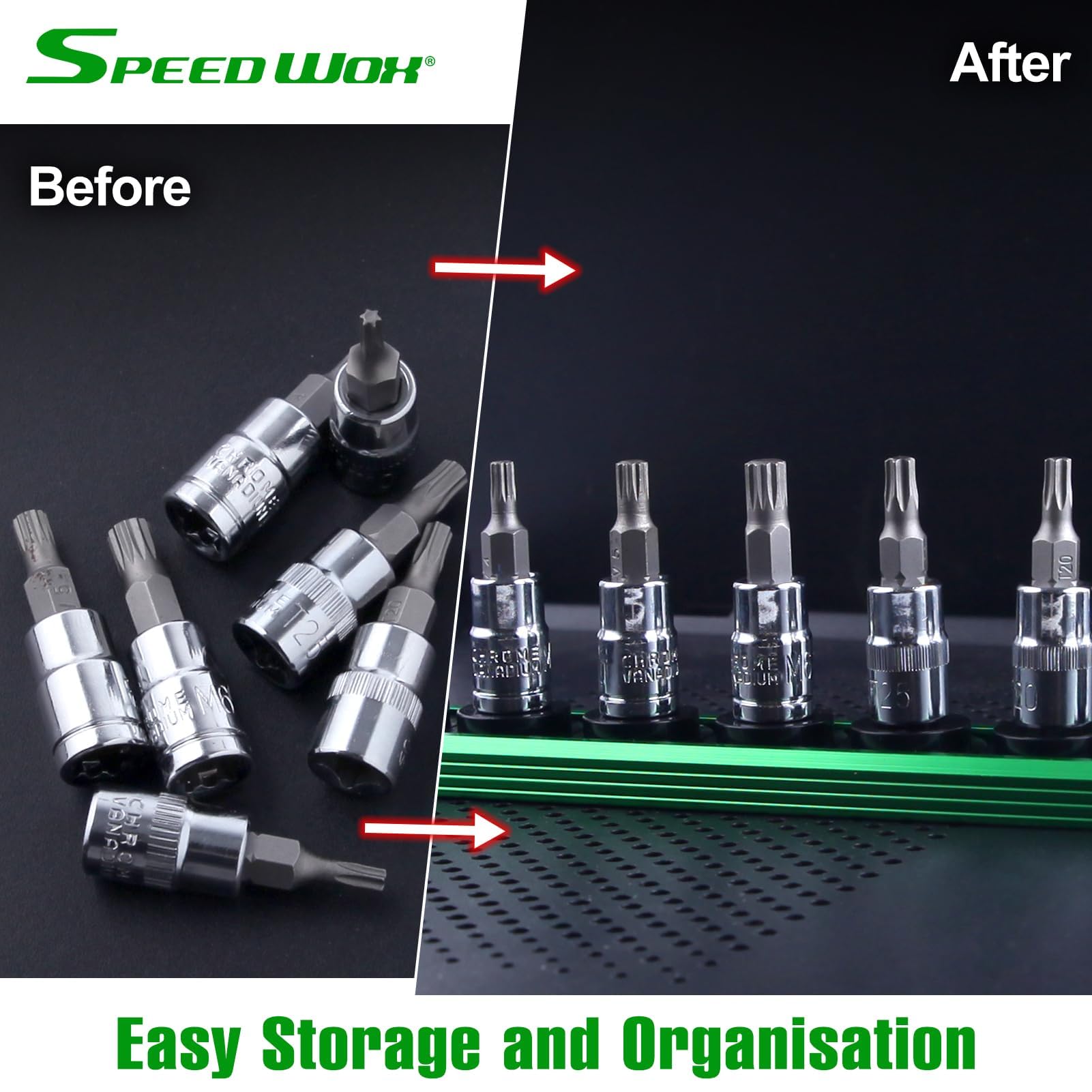 SPEEDWOX Magnetic Socket Organizer 1/4-Inch Drive Aluminum Alloy Socket Rail Heavy Duty Socket Holder 360° Swivel Clips Socket Holder Kit Socket Organizer Holder Tool 1/4-Inch with 14 Clips Green - Image 2