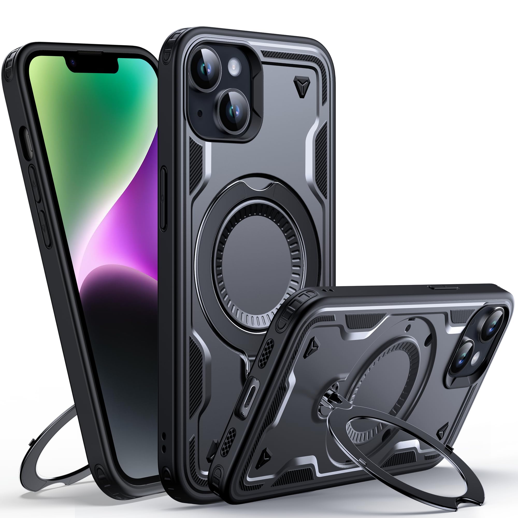 WYUIC Designed for iPhone 14/13 Magnetic Case, Compatible with Magsafe, 10ft Drop Test Hard Rugged, 360 Rotating Ring Kickstand Heavy Duty Shockproof