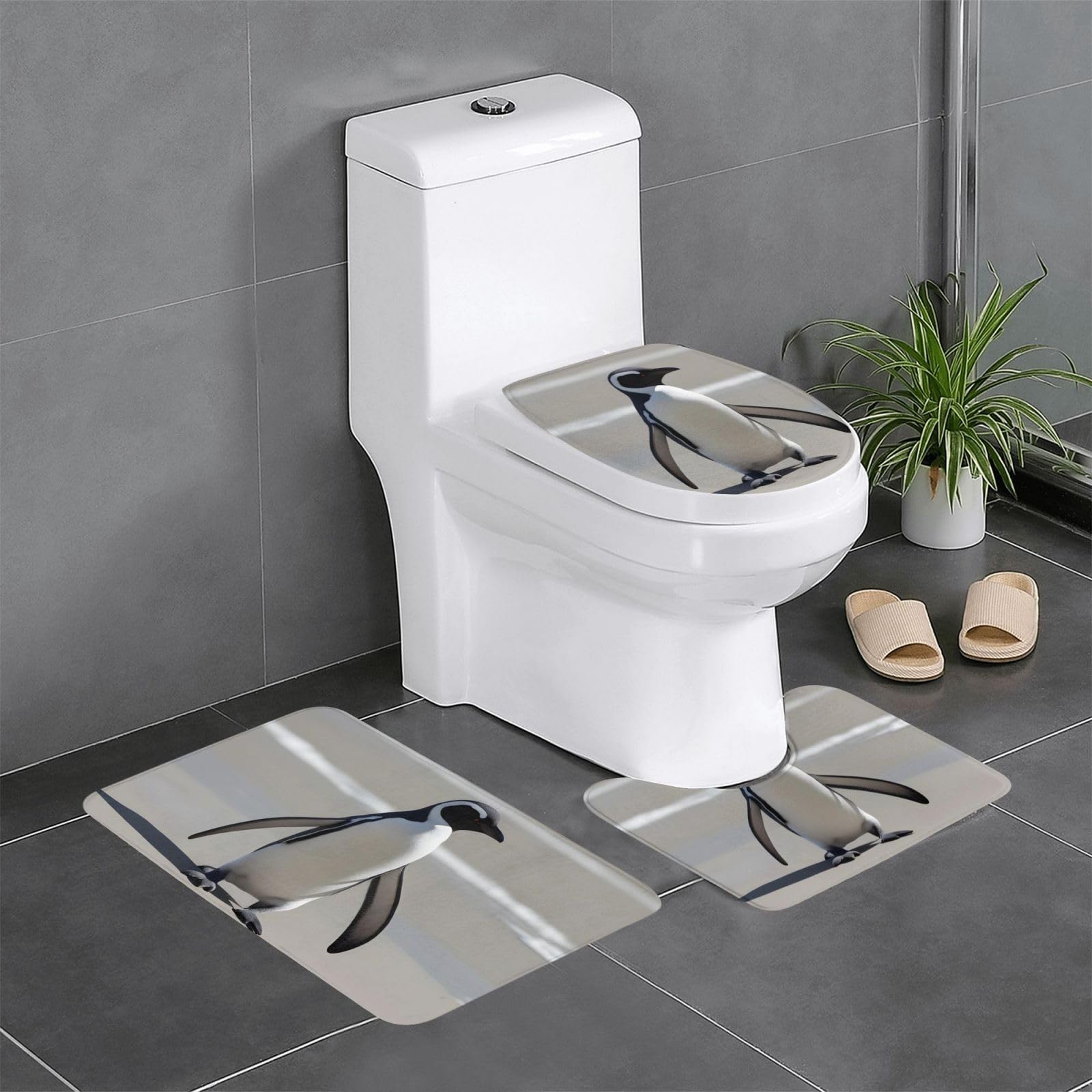 Tapis de bain pingouin pour décorer votre pièce : lot de 3 tapis gris antidérapants