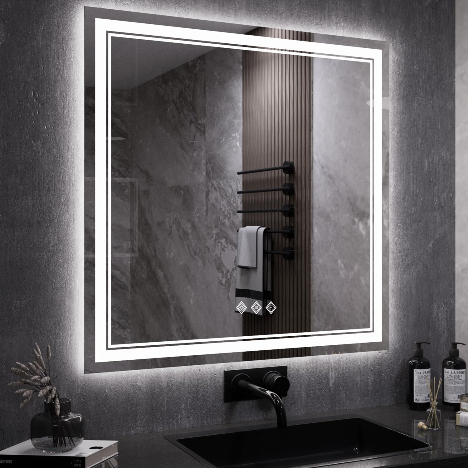 LED Mirror, 40x40 Inch Gradient Front and Backlight Bathroom Mirrors for Wall, 3 Colors Dimmable CRI>90 Double Lights, IP54 Enhanced Anti-Fog, Hanging Plates Wall Mount LED Vanity Mirror
