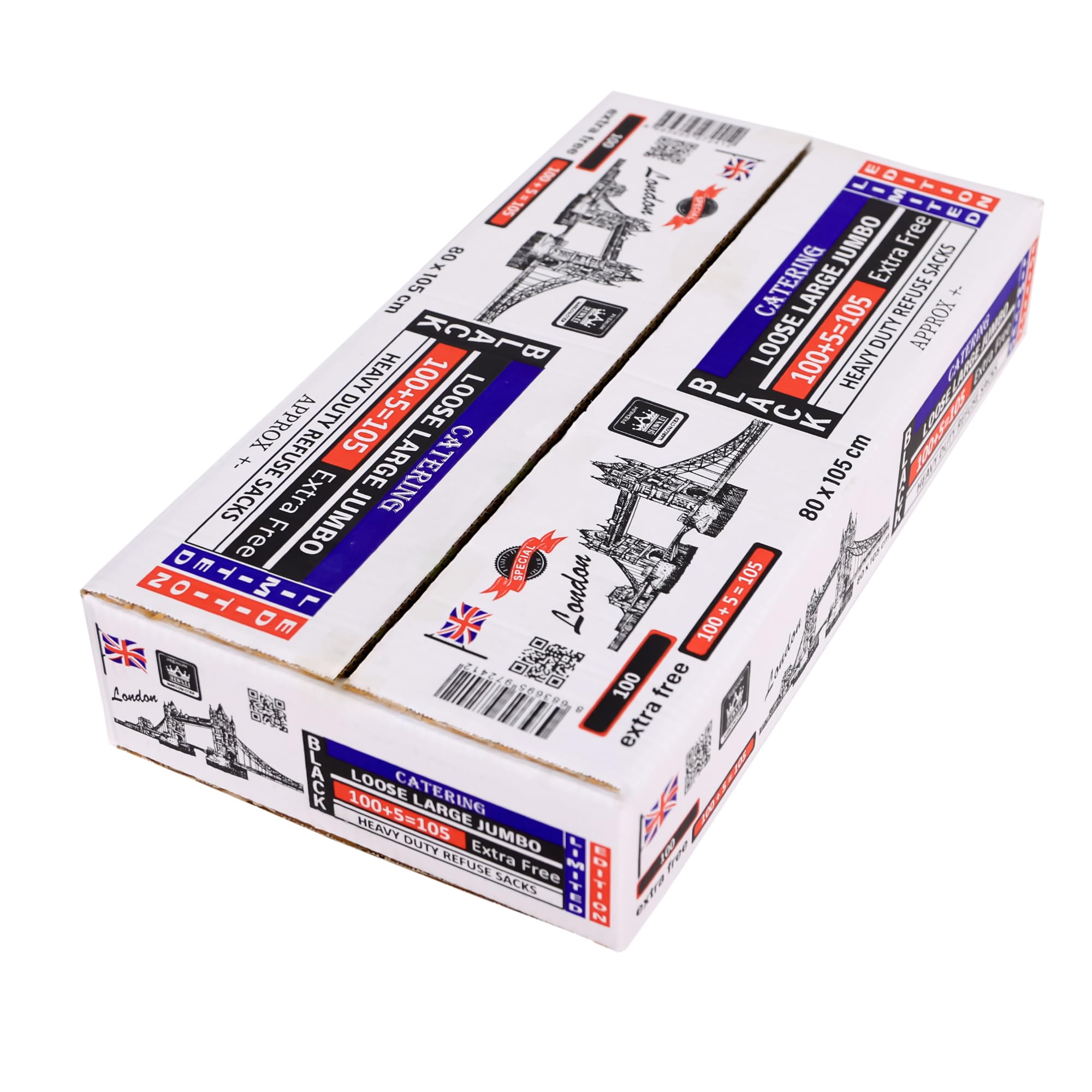 Premium Crown01 - Bolsas de basura extra fuertes para uso comercial, jardín, cocina, oficina, catering, restaurantes, 90 litros, ecológicas, 100 + 5 gratis (105 x 80 cm)