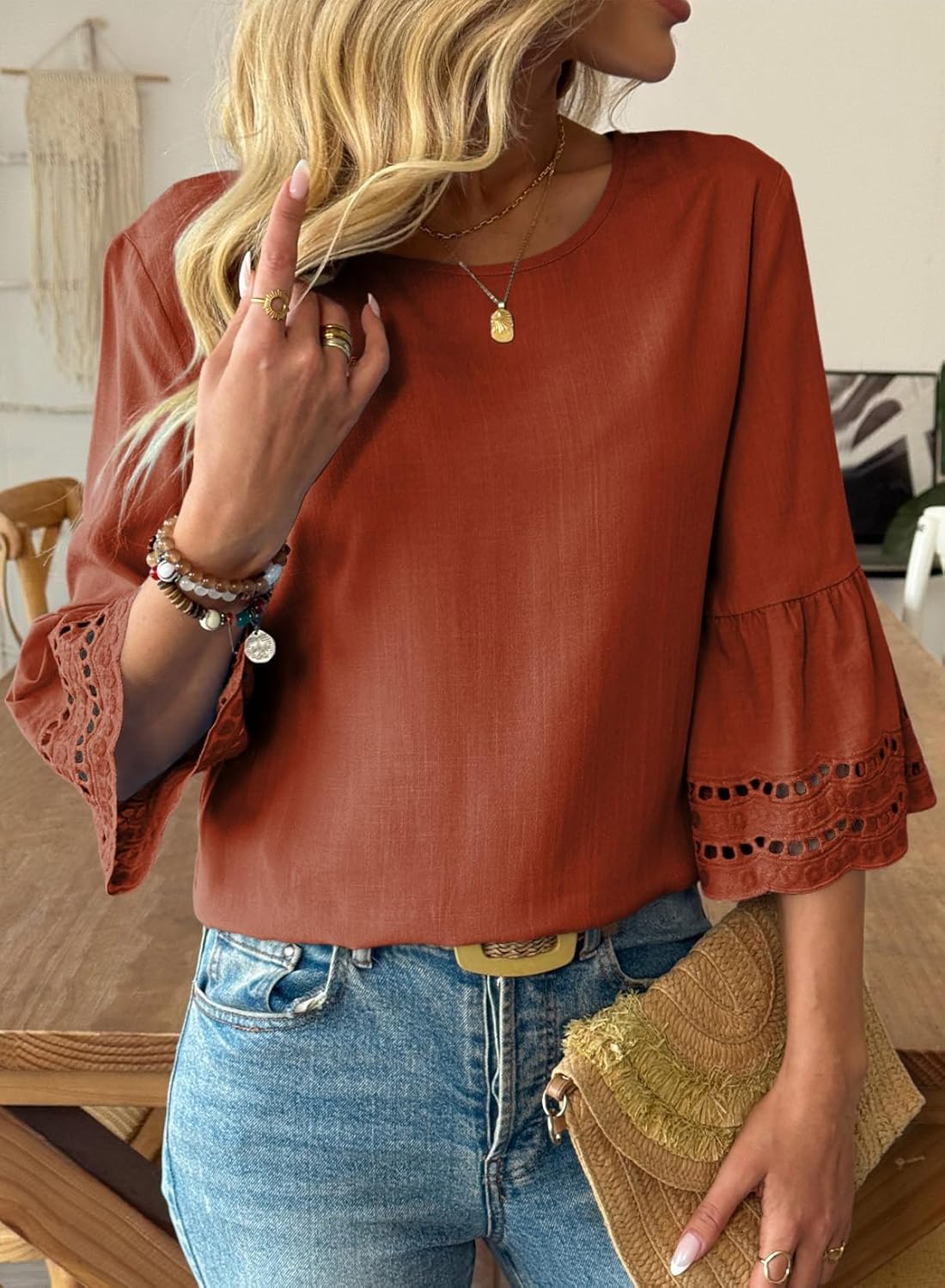 Dokotoo Womens 3/4 Bell Sleeve Hollow Out Ruffle Shirts Crewneck Trendy Casual Loose Fit Blouse Tops - Image 7