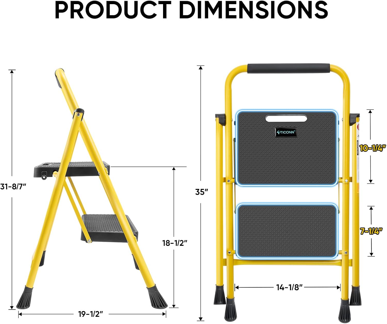 TICONN 2 Step Ladder, Heavy Duty Foldable Step Stool, Portable Steel Folding Stool for Household Garage Storage (Yellow)