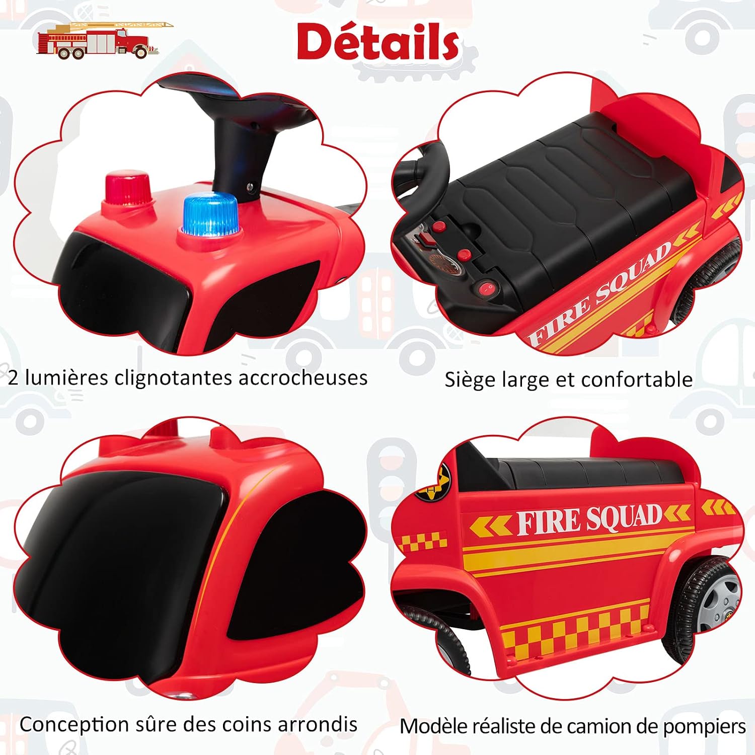Dossier ergonomique et siège large sur la voiture-jouet pompier