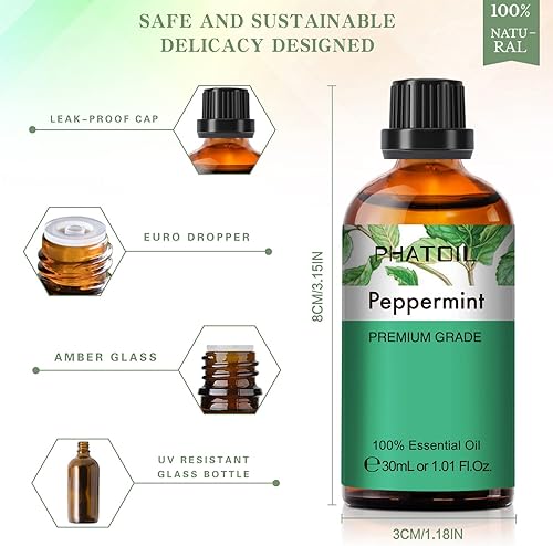 Miniatura 5 de Aceite Esencial de Menta, 1.01 Fl.Oz (30 ML) PHATOIL Aceites Esenciales Puros Individuales para Aromaterapia Difusores, Humidificadores, Ideal para