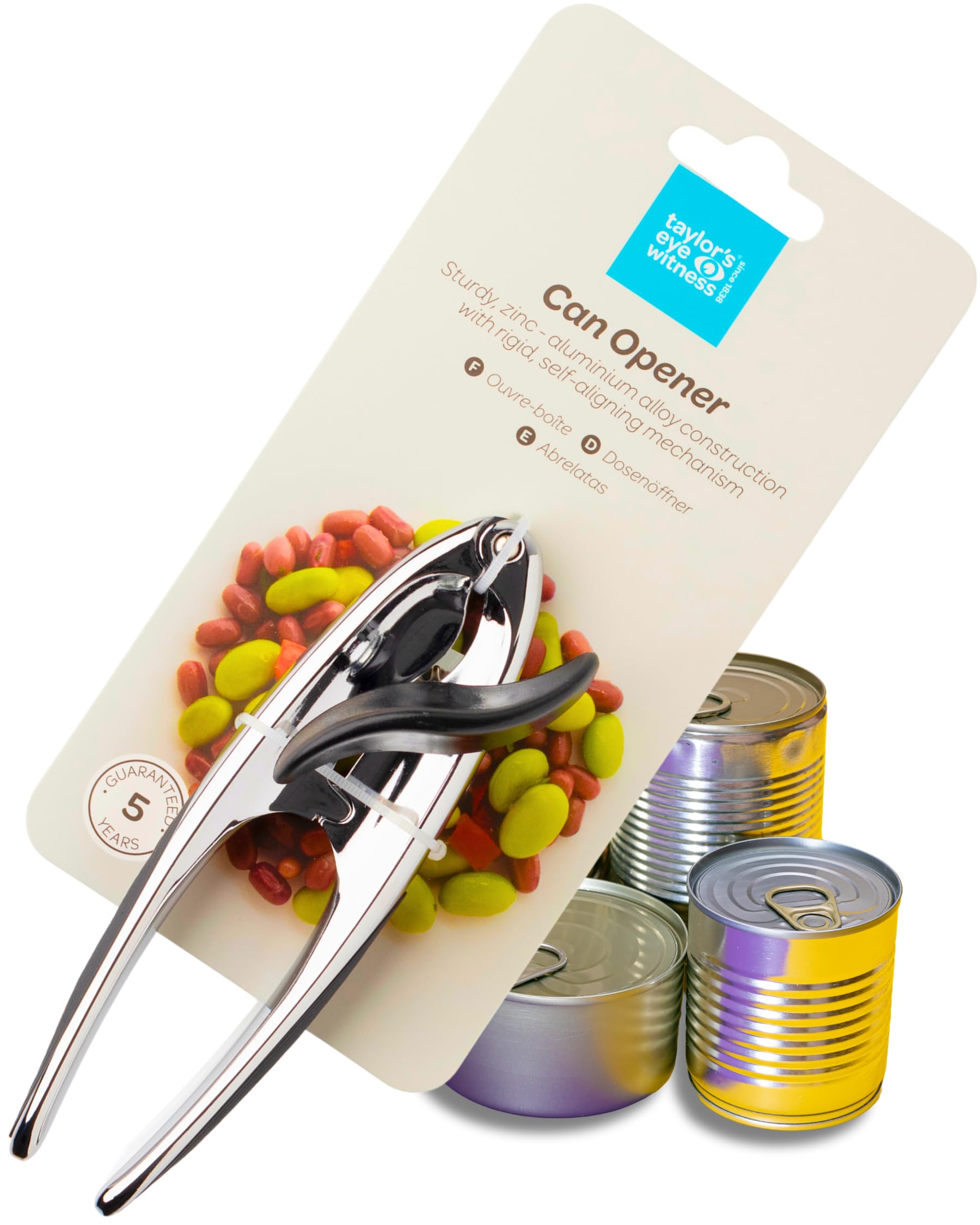 Premium 2-in-1 Manual Can Opener - Taylors Eye Witness, Easy to Use Tin Opener, Kitchen Gadget Made with Built-in Bottle Opener, Sturdy Zinc Aluminum Construction with Silver & Chrome Colouring — image 1