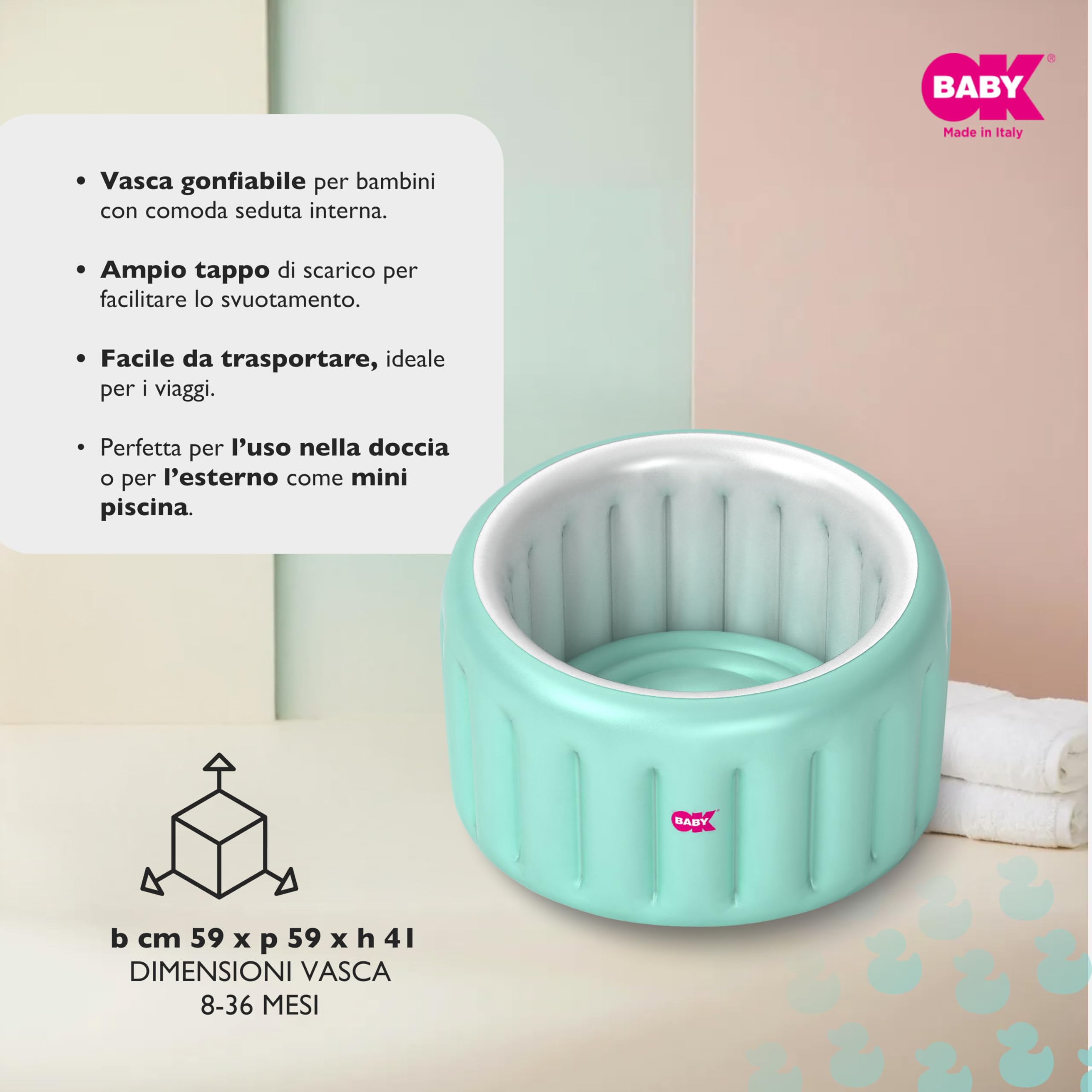 OKBABY Vaschetta Gonfiabile Oplà Soft per Bagnetto Bambino - da 8 a 36 Mesi - Azzurro