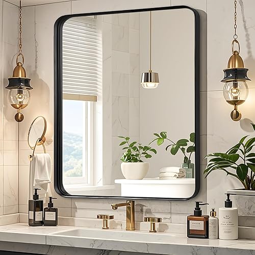 Fabuday Bathroom Mirror Over Sink - 36x30 Inch Mirrors for Bathroom Black Metal Framed Mirror, Rectangle Brushed Black Vanity Mirror for Restroom, Farmhouse, Entryway, Home Office