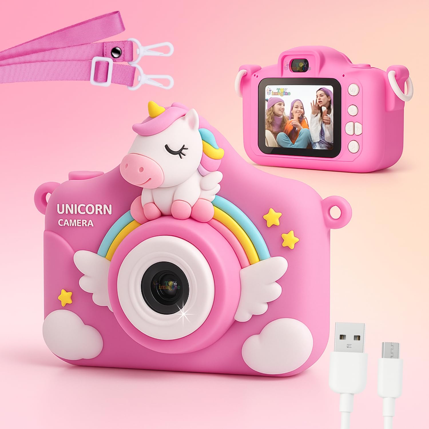 Toy Imagine Kids Digital Camera 4.8 MP Photos & 1080p Video 2" Screen, USB Rechargeable & Portable Fun Mini Toy Camera for Boys & Girls Age 3-10 Educational Birthday Gift (Unicorn)SD Card Not Included