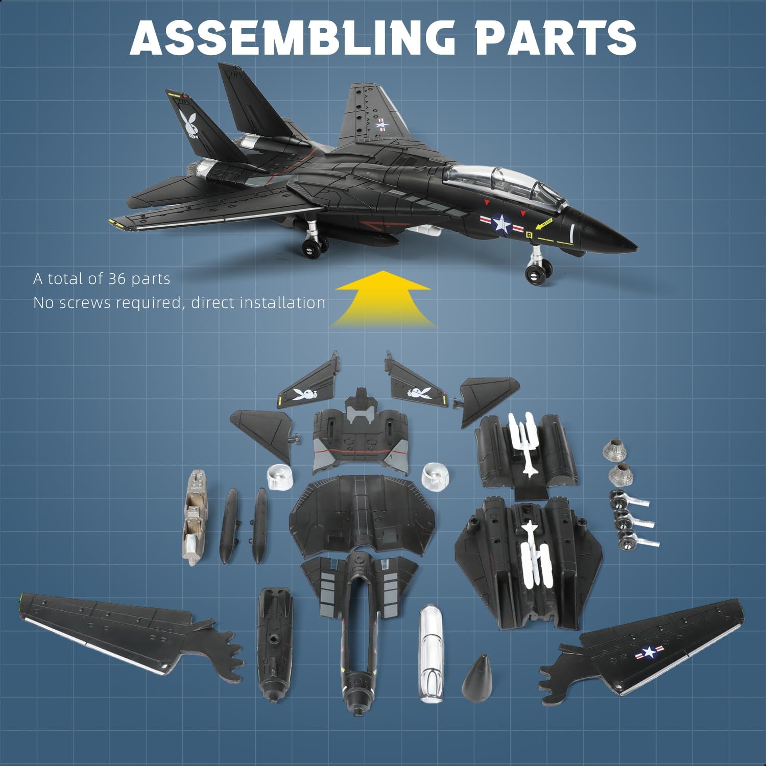 1:72 Scale F-14 Tomcat Fighter Jet Quick Build Model Kit (Black) Plastic Millitary F14 Airplane Assembly Aircraft Model with Stand Gift for Adults (36PCS)