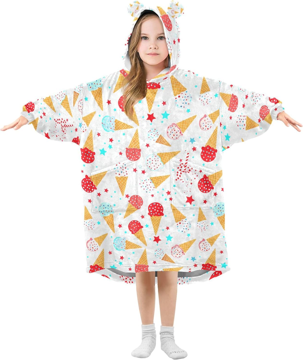 Ice Cream Kids Wearable Blanket Hoodie with Pocket and Sleeves for Toddlers, Cute Hoodies 3-14 Year Girls Boys