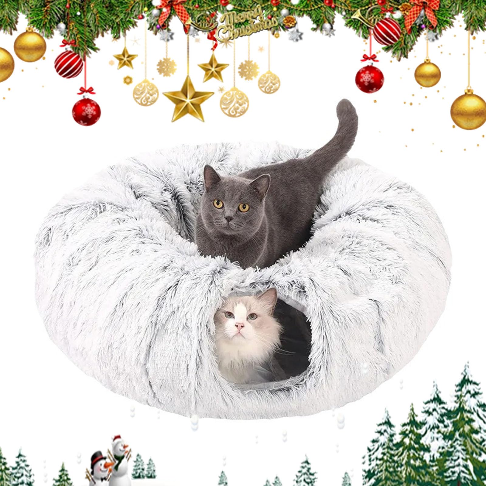 Cat Christmas Tree Tunnel,Cat Tunnel Bed Under Christmas Tree,Fauven Plush Cat Tunnel Bed -2 in 1, Christmas Cat Tree,Suitable for Medium And Small Cats (Gray)