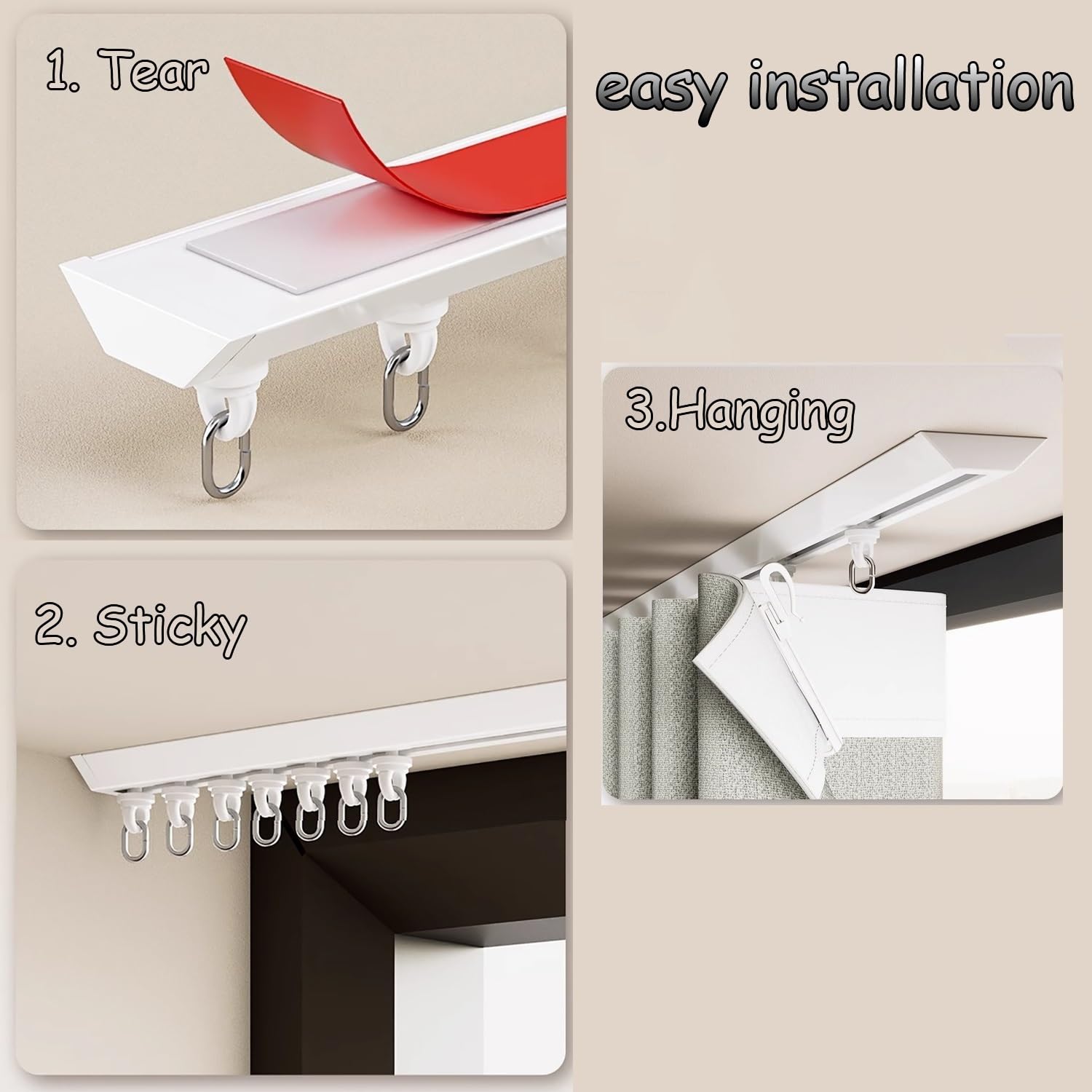 Support de tringle à rideau auto-adhésif sans perçage, installation facile pour salon, chambre à coucher ou séparateur de douche, solution de décoration d'intérieur polyvalente