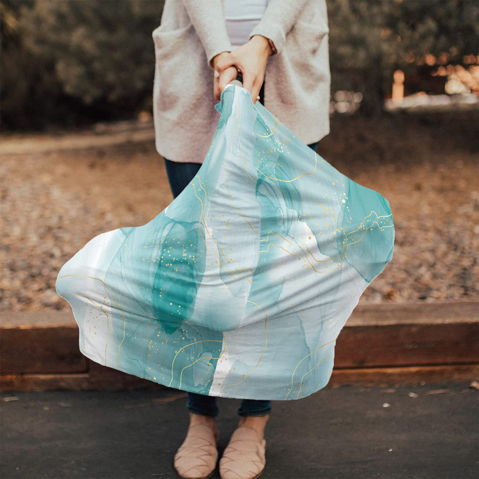 Nursing Cover for Breastfeeding Scarf, Teal Green Marble Texture Gold Line Overlap Gradient Baby Car Covers Super Soft Multi Use for Canopy Shopping Cart Cover Blanket Stroller Cover