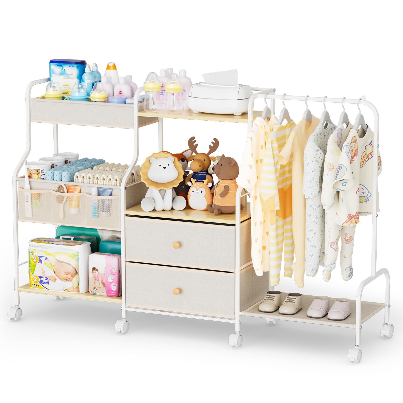 BBLIKE Diaper Caddy Organizer with Hanging Rack - 3 Tier Rolling Utility Cart with Drawers and Dividers for