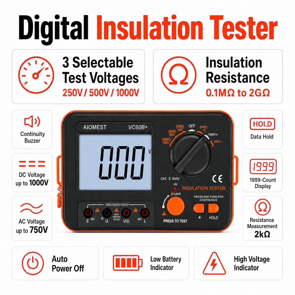 Digital-Megohmmeter 1000V Isolationsmessgerät, AIOMEST Isolationsmesser Isolationswiderstand bis 2 GΩ, mit 250V/500V/1000V Prüfspannung, AC/DC Spannungsmesser, Durchgangsprüfer, CAT III 600V