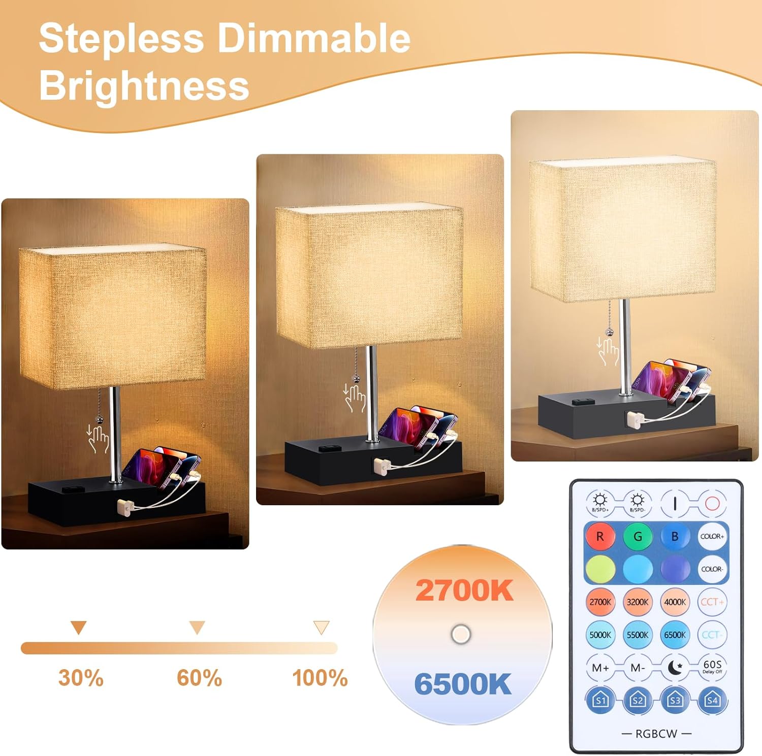 RGB Smart Table Lamp with Remote Control - Alexa Lamp for Bedroom with Voice & APP Control & Music Sync, Dimmable Nightstand Lamp with Charging Station for Living Room, Alexa Bulb Included