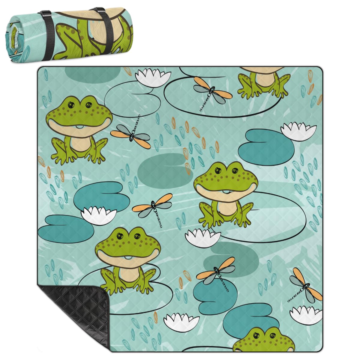 Shimoshe Extra Large Picnic Blankets 79”x 79”, Dragonfly Lotus Leaf Frog Waterproof Foldable Picnic Mat with Straps Portable Beach Blanket for Camping Park Grass Beach Indoor